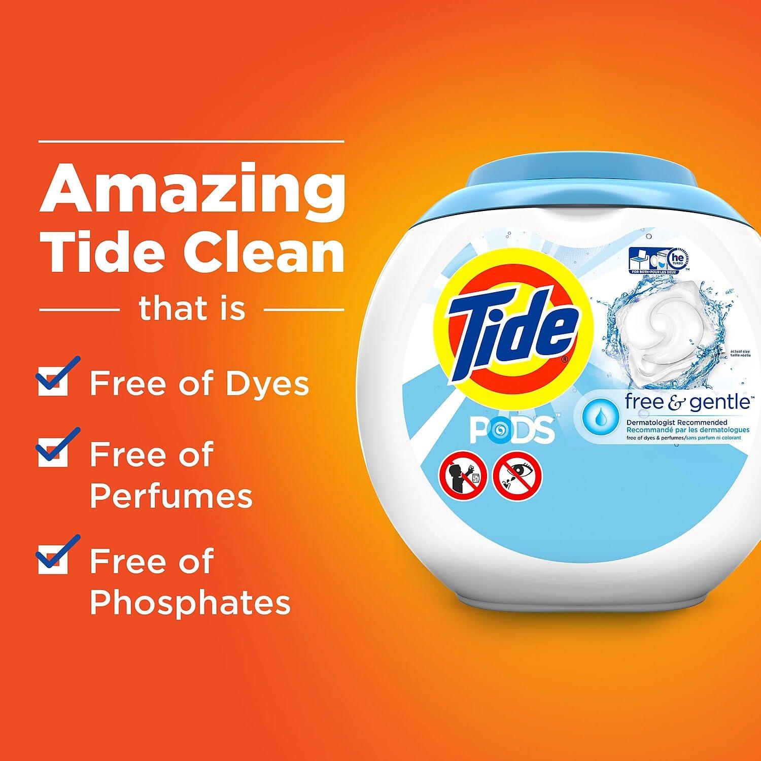 Tide PODS Free and Gentle, Laundry Detergent Soap PODS, HE, 96 Count - Unscented and Hypoallergenic for Sensitive Skin, Free and Clear of Dyes and Perfumes - Image 7