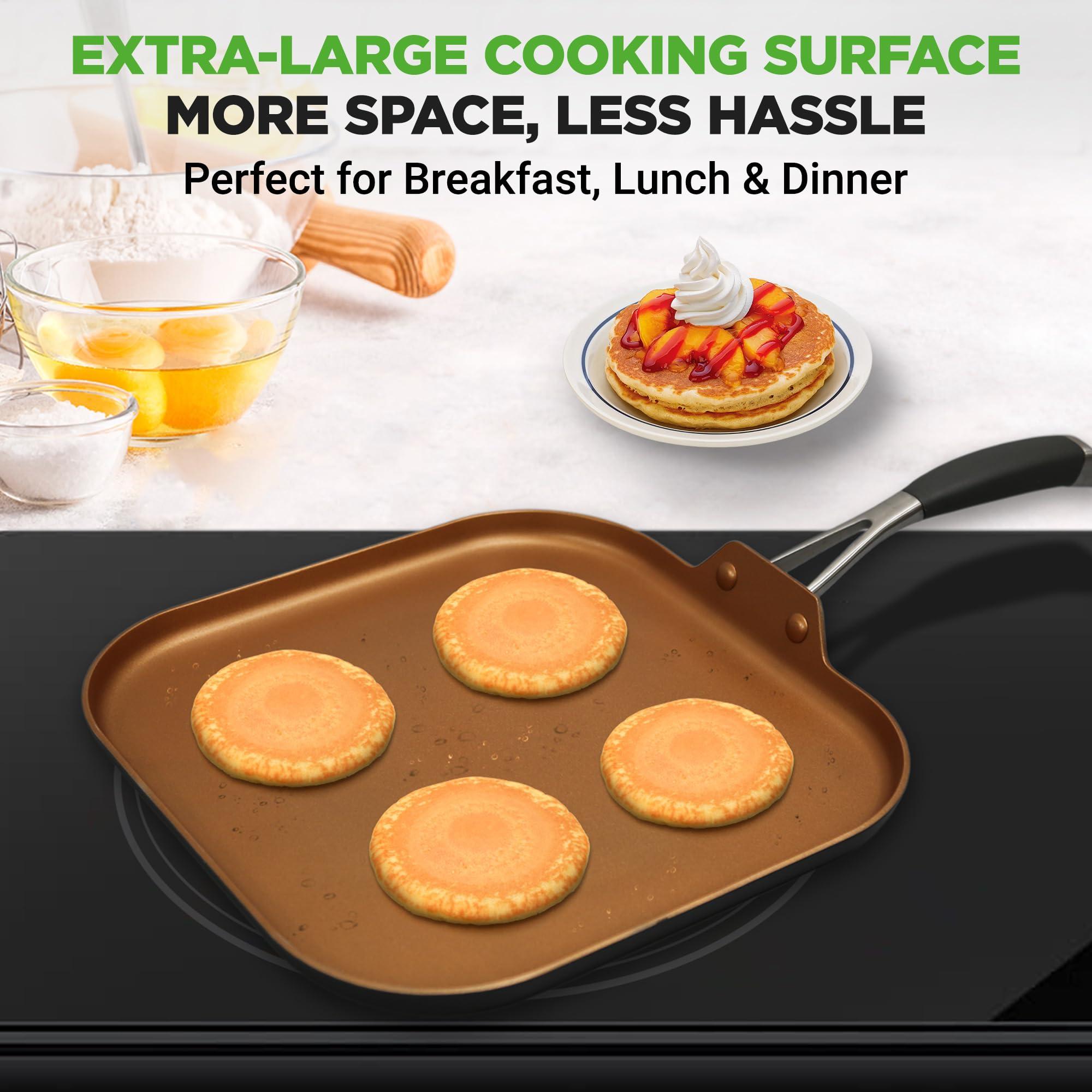 NutriChef Copper Pan Non-Stick Coating Inside, Hard-Anodized Look Heat Resistant Lacquer Outside, Silicone Handle NCSQPA, 1 Griddle - Image 6