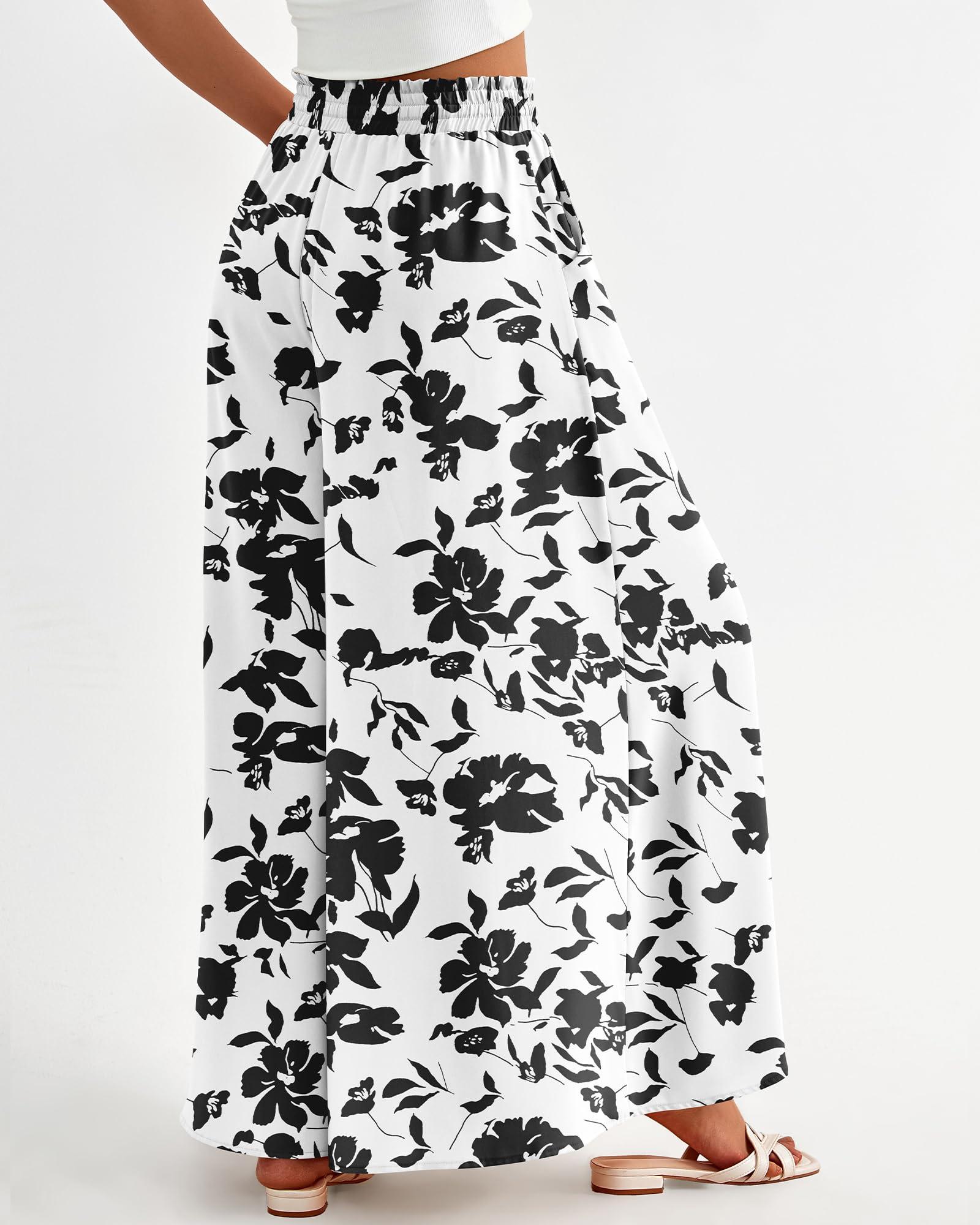 BTFBM Women Casual High Waist Wide Leg Pants Summer Floral Solid Long Palazzo Pants Lounge Beach Trousers with Pocket - Image 4
