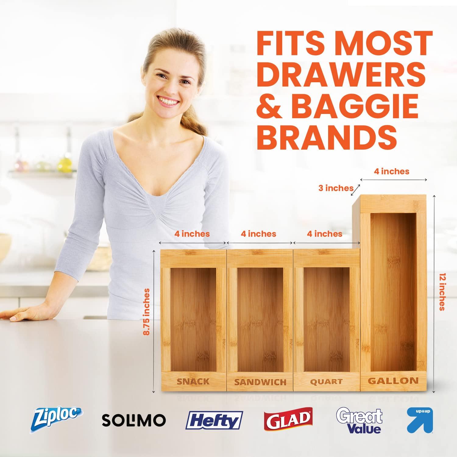 mHomeAid Bag Storage Organizer - Bamboo Food Plastic Baggie Holder, Dispenser, and Container for Kitchen Drawer - Fits Ziplock and Ziploc Gallon, Quart, Sandwich & Snack Sized Slider Bags (Bamboo) - Image 2