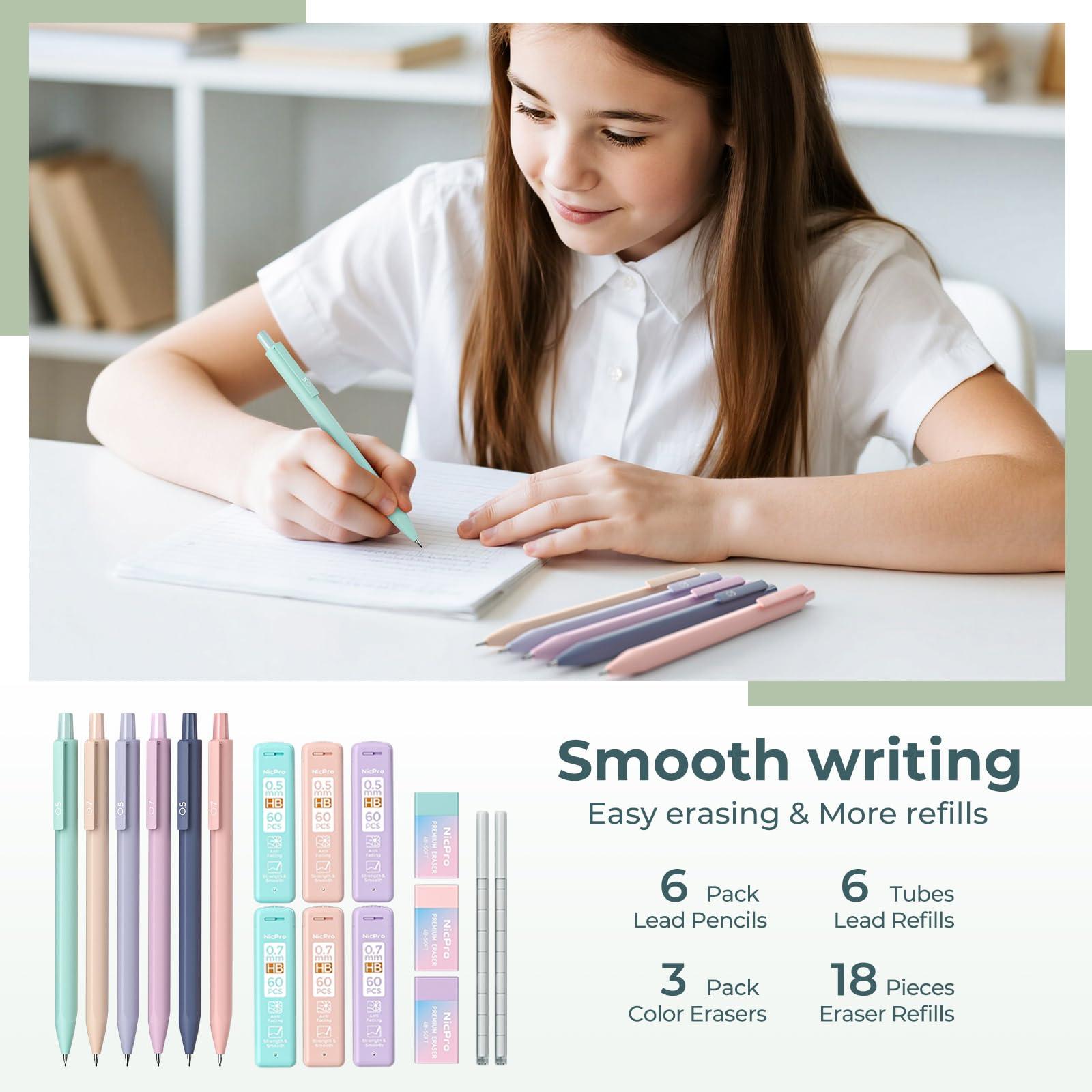 Nicpro 39 PCS Aesthetic School Supplies with Big Capacity Pen Case, 12 Color Pastel Highlighters, 5 Quick Dry Retractable Black Ink Pens, 6 Pastel Mechanical Pencil 0.5 & 0.7 mm for Student Stationary - Image 5
