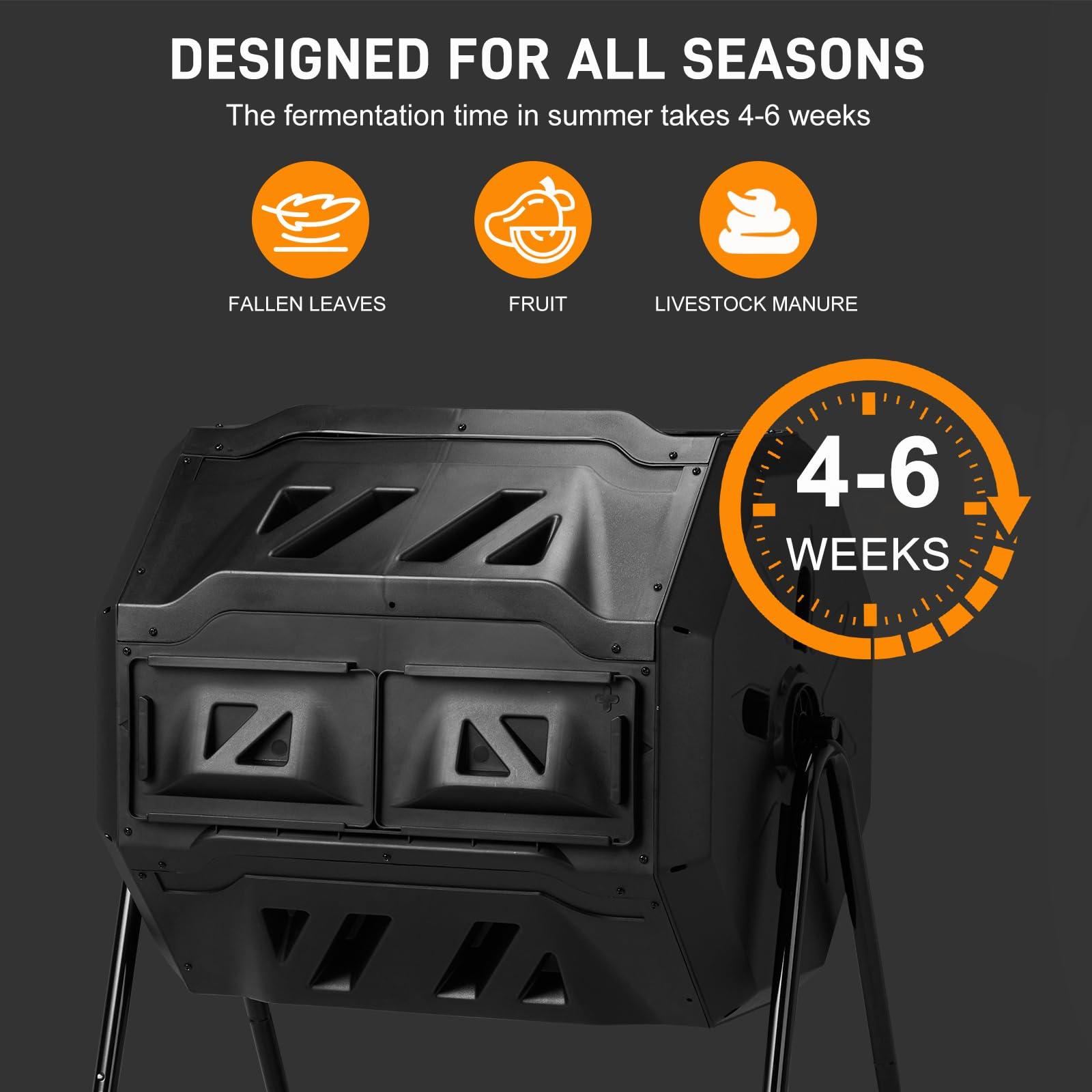 Outvita Compost Bin Outdoor, 43 Gallon Dual Chamber Tumbling or Rotating Composting Bin with Sliding Doors, Tumbler Rotating Batch Composter Bin for Garden Kitchen Yard - Image 6