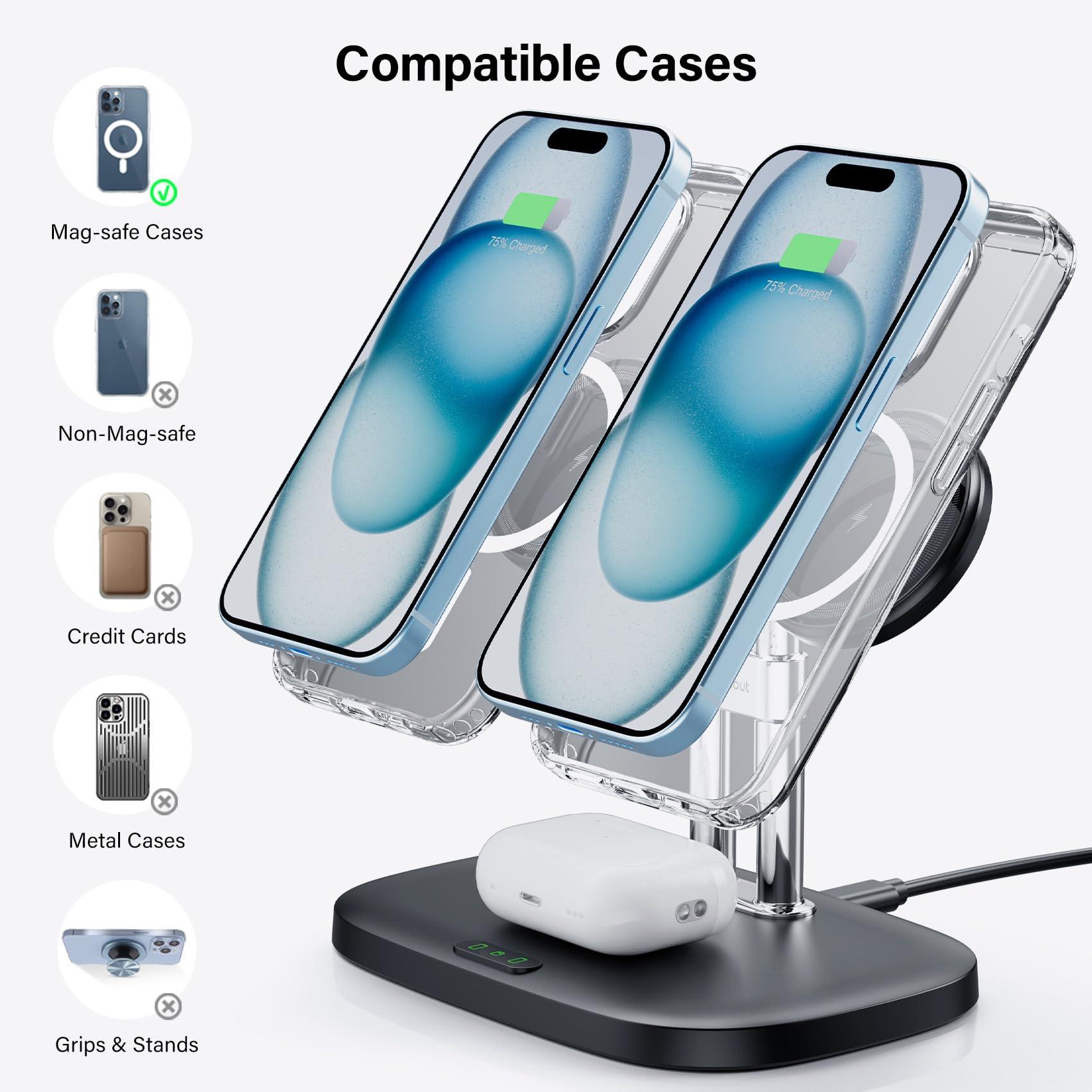 SwanScout Wireless Charger for iPhone 16 15, SwanScout 706M, Dual Magnetic Charger for iPhone 14/13/12 Series, Charging Station for AirPods Pro 2, AirPods 4/3rd (Black) - Image 3