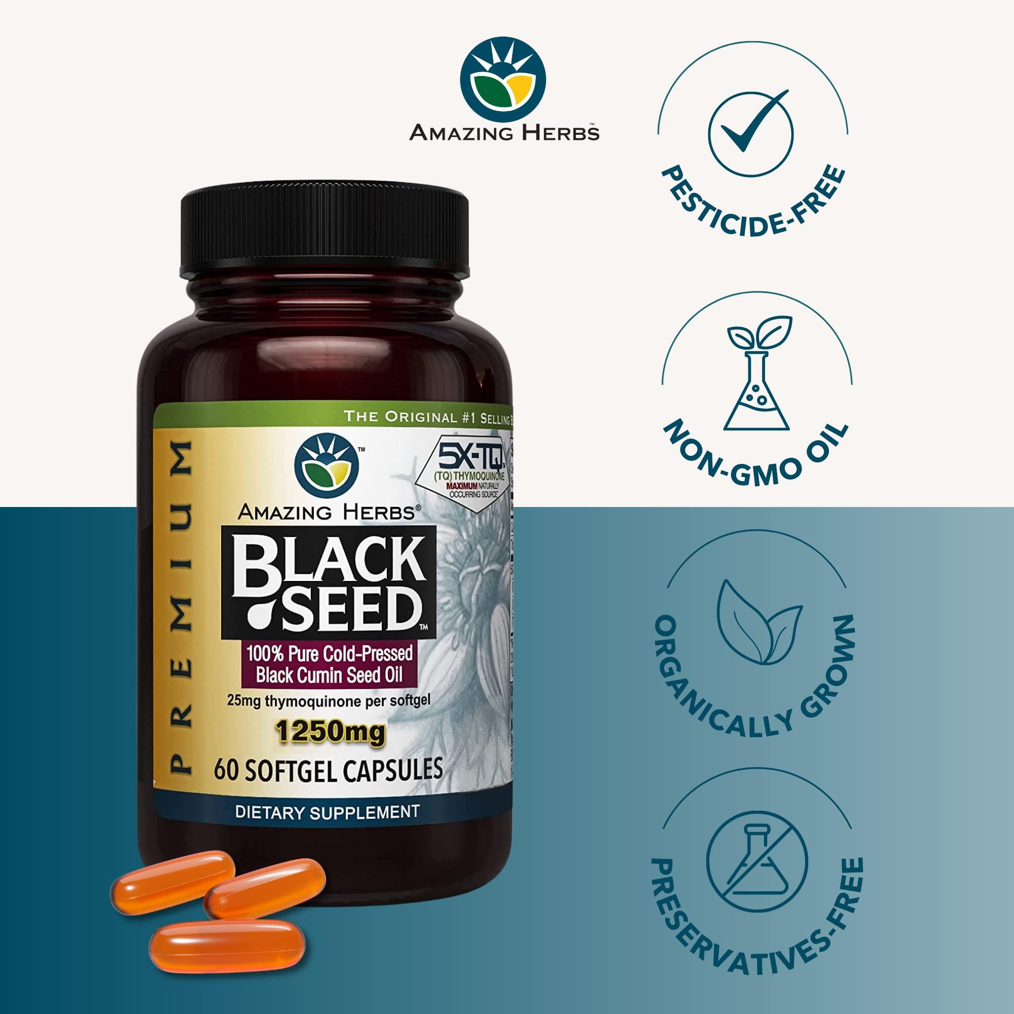 Amazing Herbs Premium Black Seed Oil Capsules - High Potency, Cold Pressed Nigella Sativa Aids in Digestive Health, Immune Support & Brain Function - 60 Count, 1250mg - Image 4