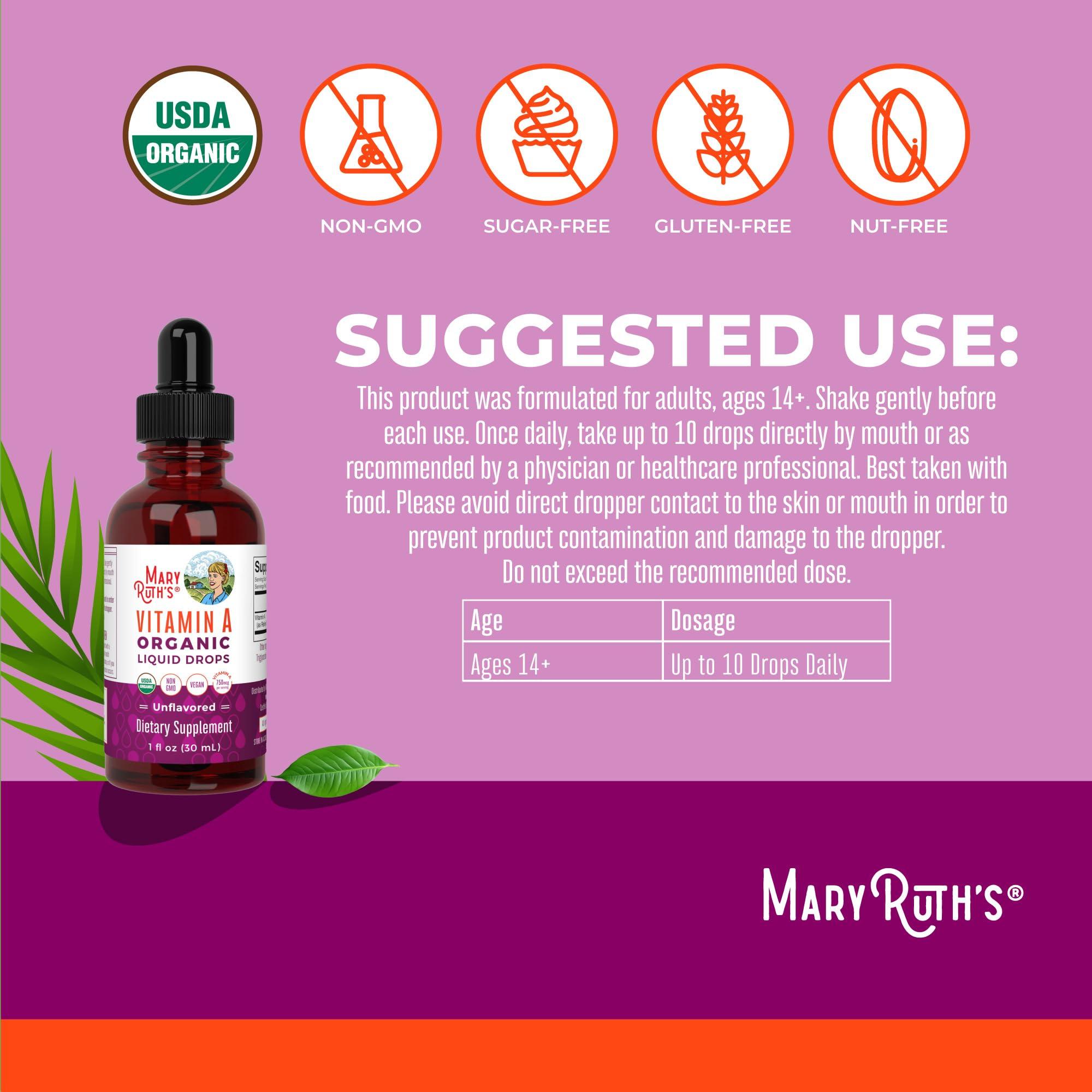 MaryRuth Organics USDA Organic Vitamin A Liquid Drops | 3 Month Supply | Immune Support, Eye Health, Skin Health for Ages 14+ | 750mcg per Serving | Sugar Free | Vegan | Non-GMO | Gluten Free | 1oz - Image 3