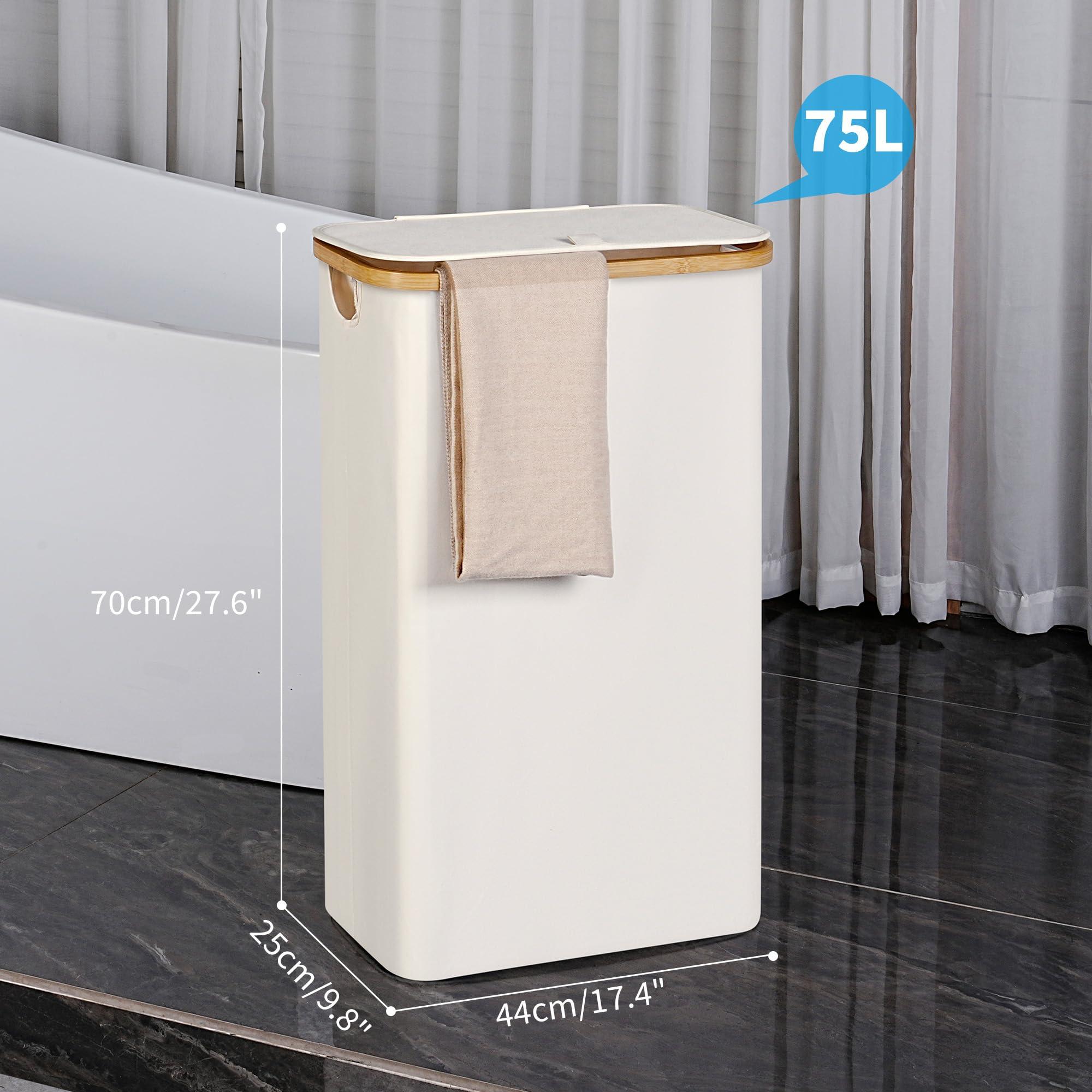 efluky Slim Laundry Basket with Lid, Narrow Laundry Hamper with Removable Bag, Skinny Dirty Clothes Basket with Bamboo Handles for Bathroom, Bedroom & Laundry Room, 75L Beige - Image 3