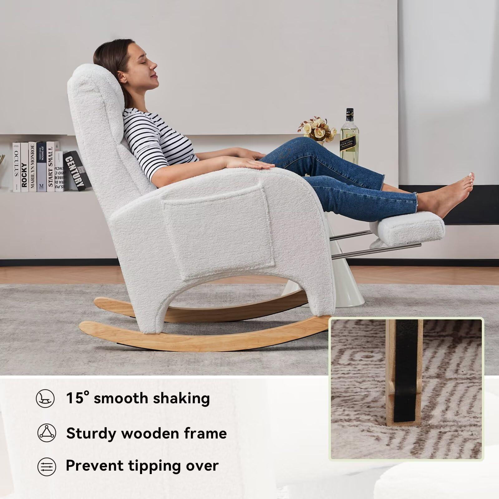 FOXHUNTER Rocking Chair Nursery, Modern Glider Chair with Adjustable Footrest and Solid Wood Legs, High Backrest Nursery Chair with Side Pocket, Rocker Armchair for Living Room Bedroom, Teddy Ivory - Image 4