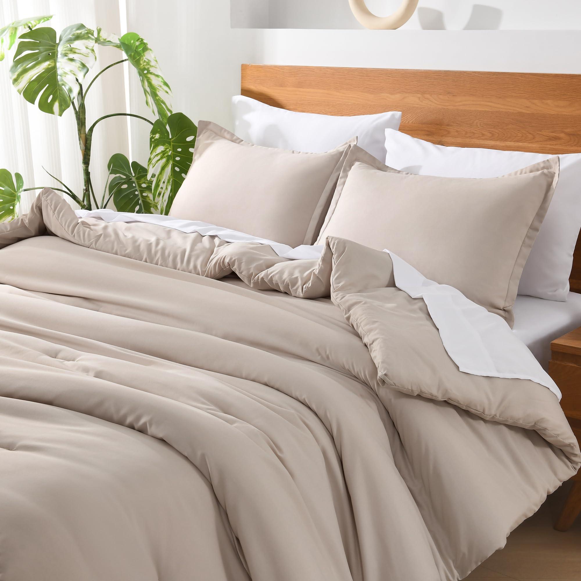 Andency Queen Comforter Set - 7 Pieces Bed in a Bag Queen Bedding Comforter Sets Oatmeal, Winter Solid Soft Lightweight Comforter with Fitted Sheets, Flat Sheets, Pillowcases & Shams - Image 4