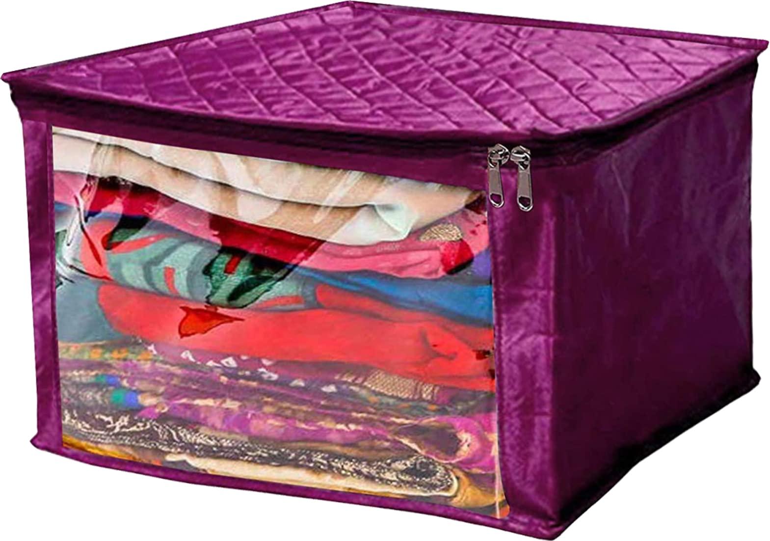 atorakushon Satin Fabric Foldable Garments Saree Blouse Cover Bag Pouch Closet Wardrobe Organizer With Clear Window Zipper Lock Pack of 5 (Purple) - Image 3