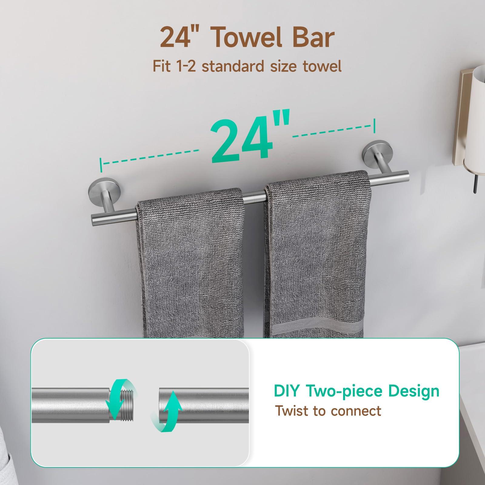 USHOWER Brushed Nickel Bathroom Hardware Set, Modern 24-Inch Towel Bar Set Wall Mounted, Durable SUS304 Stainless Steel Bathroom Accessories Set, 4-Piece - Image 5