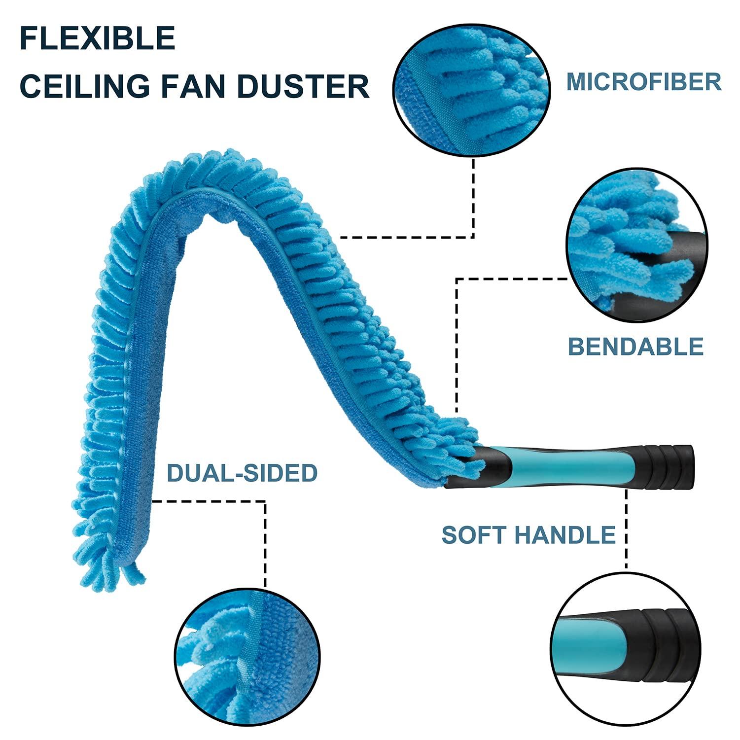 Hicavar 20 Foot High Ceiling Fan Duster with 5-12 Foot Extension Pole, Extendable Reusable Cobweb, Feather, Window Cleaning Squeegee Kit Blue - Image 8