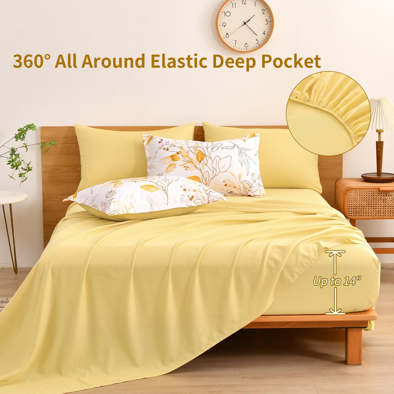 WONGS BEDDING Yellow Botanical Comforter Set Queen, 7 Pieces Floral Bed in a Bag Gloden Leaves Bedding Set Soft Microfiber Queen(1 Comforter,2 Pillowcase,2 Pillow Shams,1 Flat Sheet,1 Fitted Sheet) - Image 3
