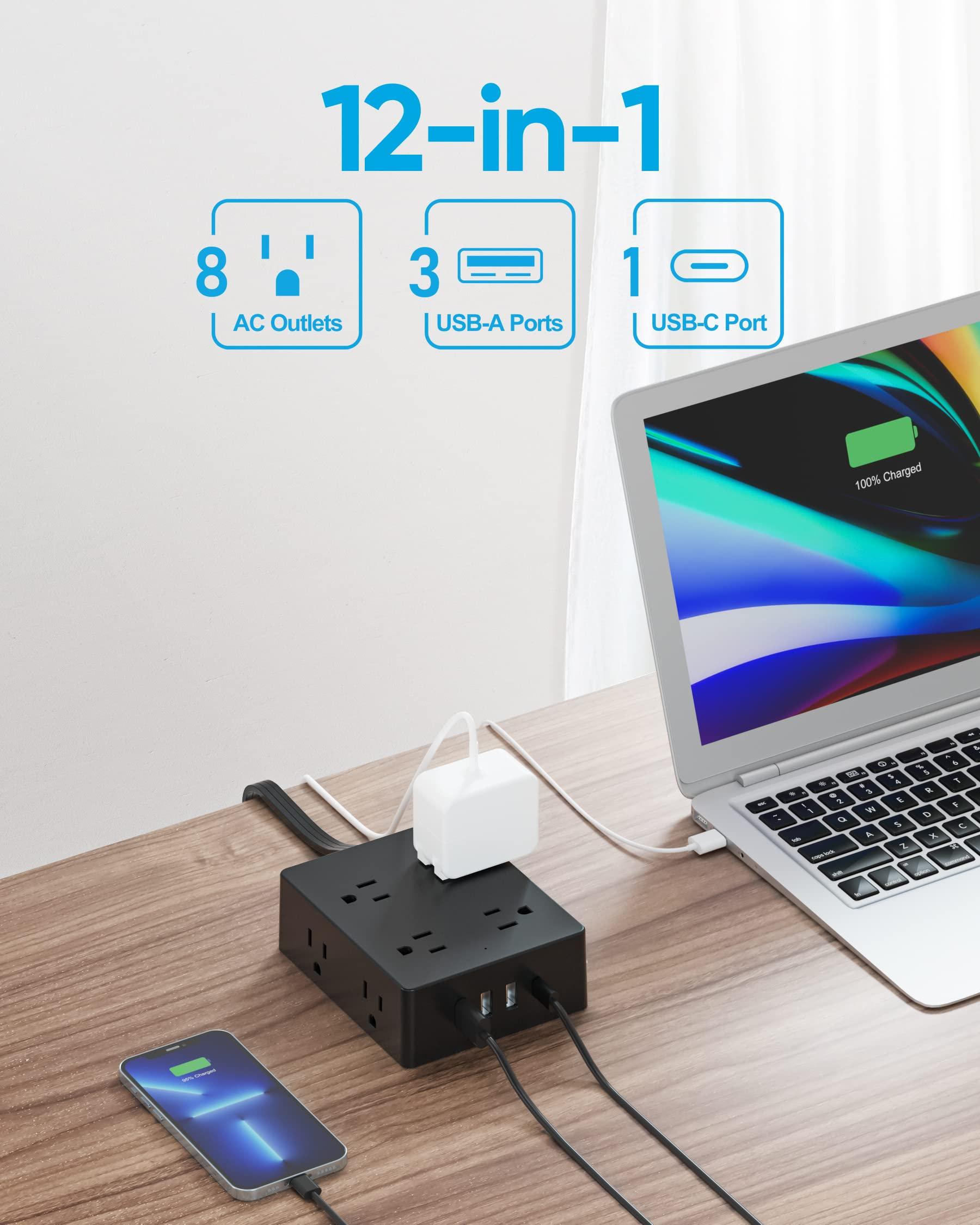 Surge Protector Power Strip, Olcorife 15ft Long Extension Cord with 8 Outlets 4 USB Ports(1 USB C), Flat Wall Plug Outlet Extender, College Dorm Room Essentials, Black - Image 2