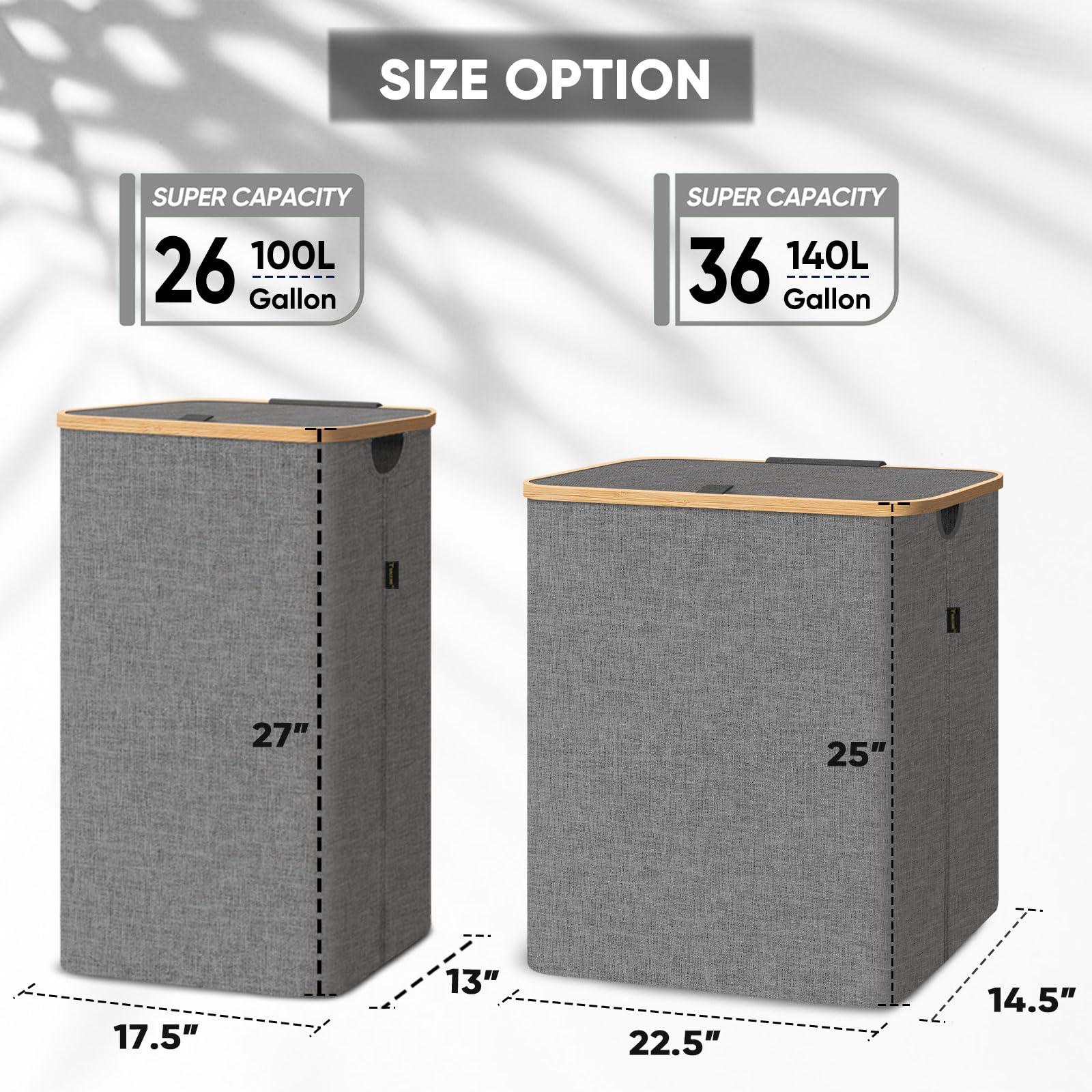 BALEINE Laundry Hamper with Lid, Tall Laundry Baskets with Bamboo Pull Handles, Large Laundry Bin with Internal Support (26 Gal/100L, Grey) - Image 4