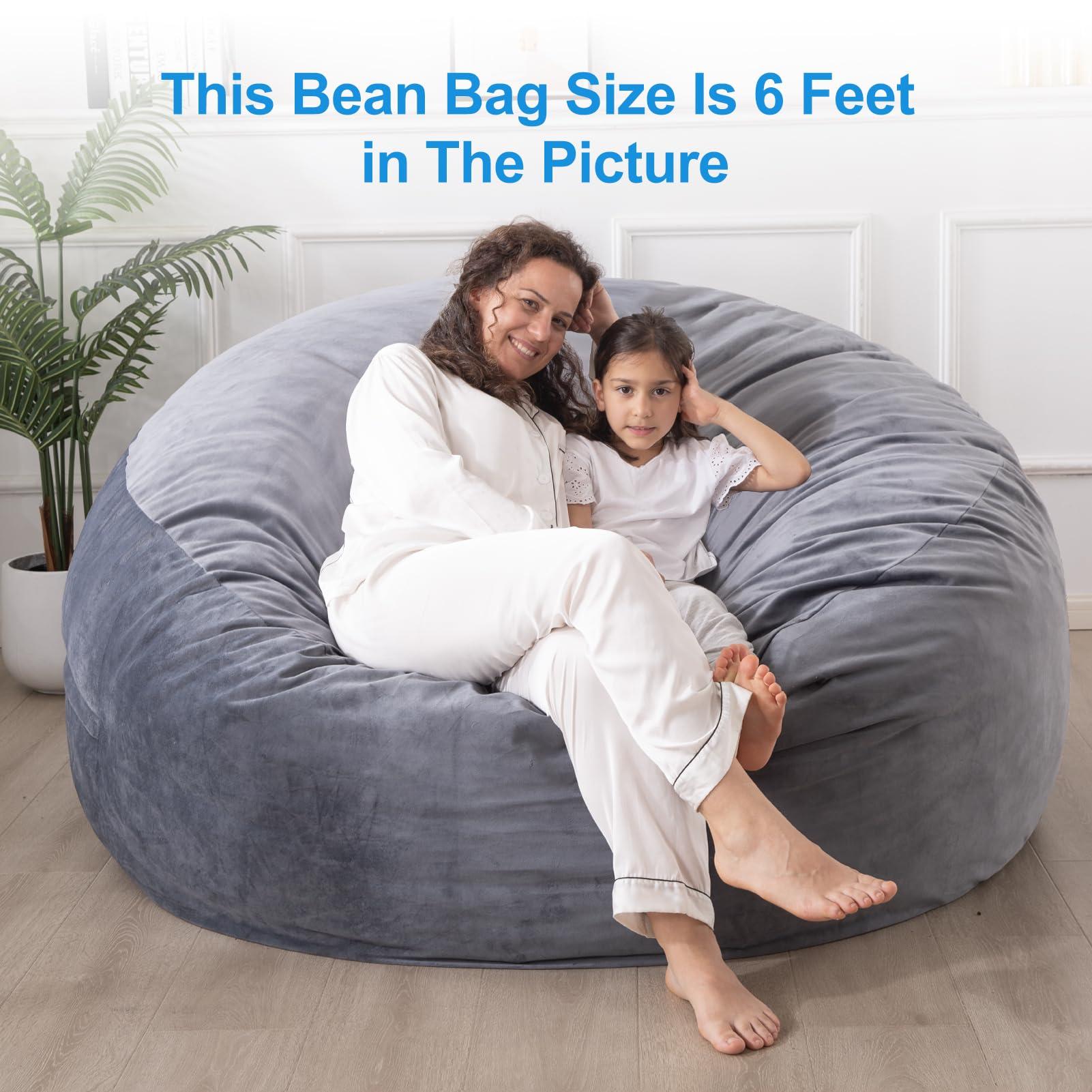 Large Bean Bag Chair: 3 ft Memory Foam Bean Bag Chairs for Adults/Kids,Bean Bag Chair with Fillings,Soft Faux Fur Fabric - Dutch Velvet, Grey, 3 Foot - Image 6