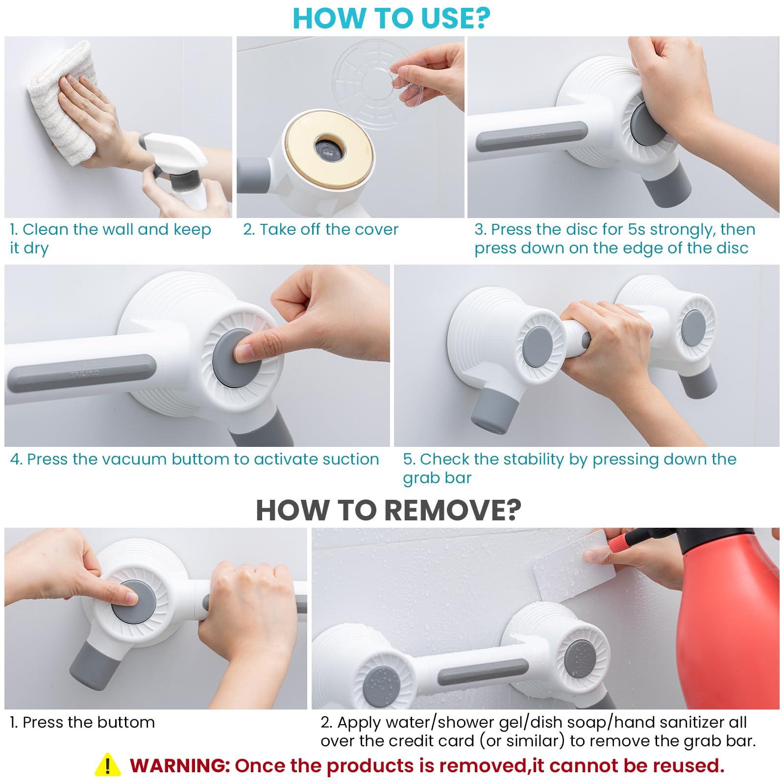 TAILI Grab Bars for Bathtubs and Showers, Super Strong Adhesive Grab Bar for Seniors, Bathroom Safety Grip for Microcrack Tile, Shower Handles Rails for Elderly,Drill-Free Waterproof(350 lbs Capacity) - Image 5
