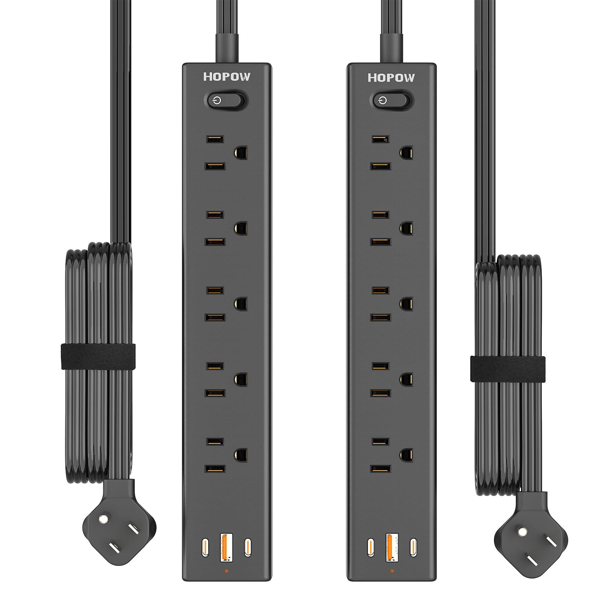 HOPOW Power Strip Surge Protector, 2 Pack, 10 Ft Ultra Thin Flat Extension Cord, Surge Protector with 5 Outlets & 3 USB Ports (2 USB C), 1700 Joules, 3-Prong, Wall Mount for Home Office Dorm, Black