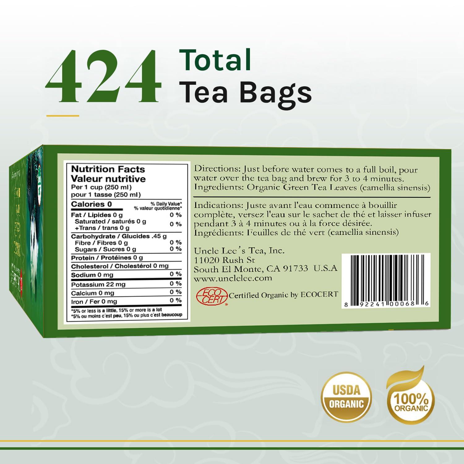 Uncle Lee's Organic Green Tea Bags 4-Pack, 106-Count Super Packs – Bright & Refreshing, Lightly Caffeinated Bulk Tea for Home, Office, Camping - Image 2