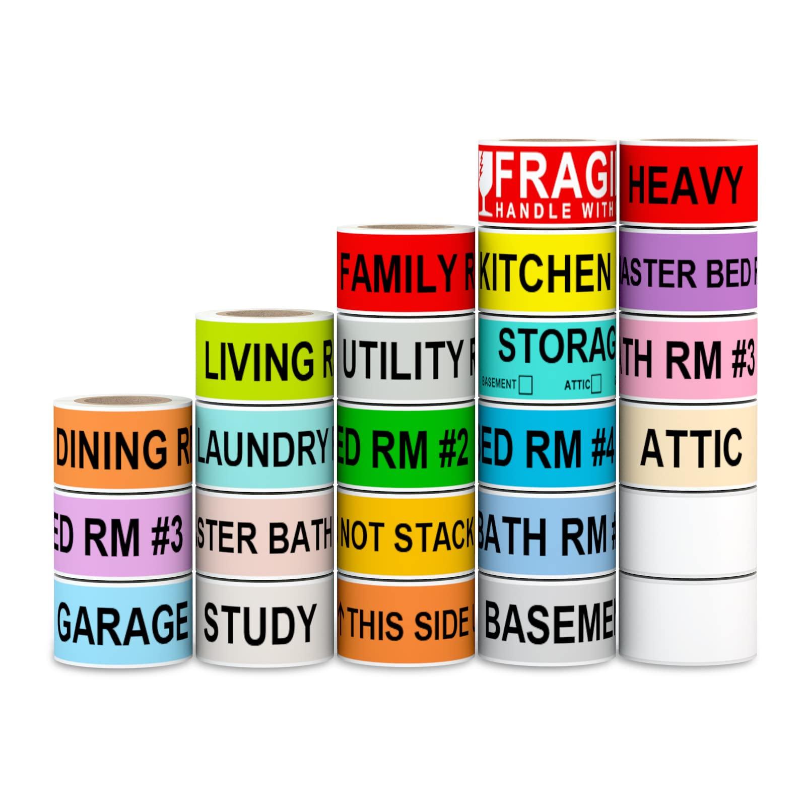 Printholic 1440 Count Home Moving Labels,24 Rolls Different Color Coding Moving Labels for Boxes Stickers + Fragile Moving Stickers + 2 Blank Label roll is for Customized use