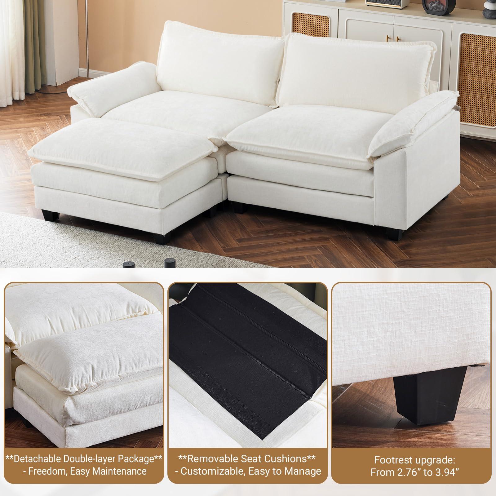 VINGLI 87" Convertible Sectional Sofa,L-Shaped Deep Seat Sofa Couch for Living Room,Modern 2-Seat Loveseat Sofa with Ottoman for Small Space(Creamy White, 87") - Image 5