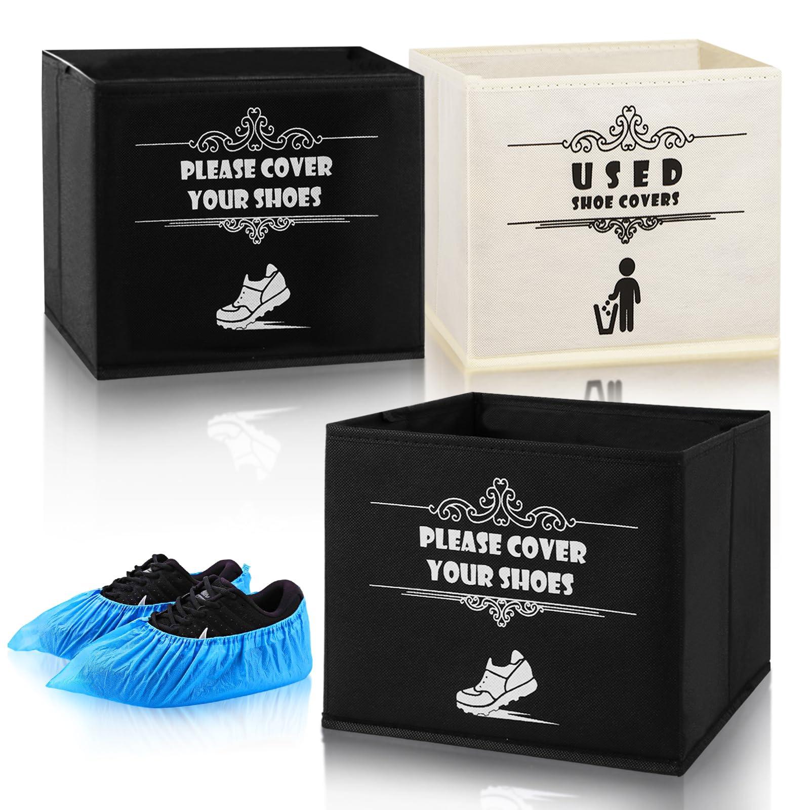 2 Pcs Shoe Covers Box, Foldable Shoe Cover Dispenser for Open House, Real Estate Agent Realtor Supplies, Please Cover or Remove Your Shoes and Used Covers Sign Entryway Basket Storage Bins Set