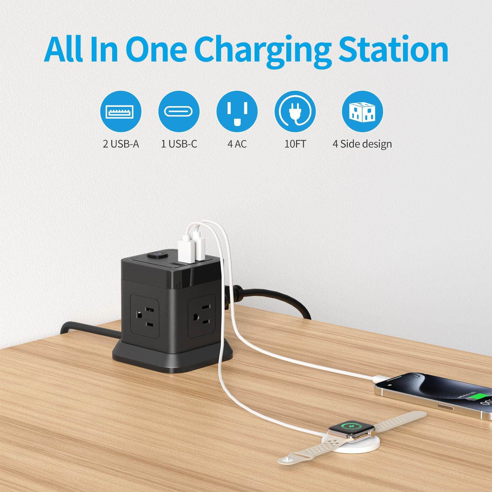 Power Strip with USB C, FDTEK Flat Plug Extension Cord with 4 Outlets and 3 USB Ports 10 FT Desk Power Strip Cube Overload Protection Compact Portable for Travel Home Office Cruise Ship - Black - Image 2