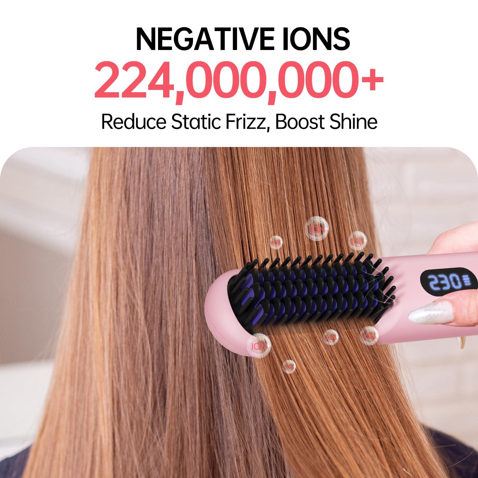 Cordless Hair Straightener Brush - Portable Straightener Brush with 9 Temp Settings, Mini Straightening Comb for Travel, 9600mAh Rechargeable Batt & 224 Million Negative Ions (Pink) - Image 3