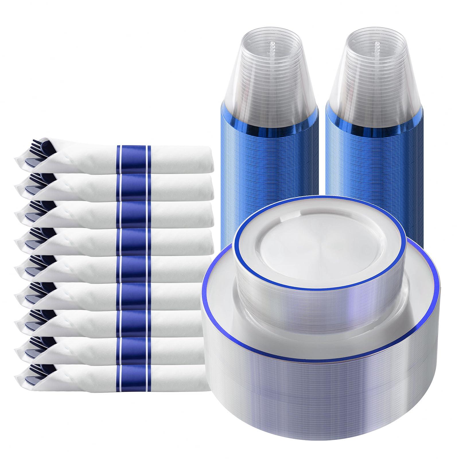 Goodluck 175 Piece Dark Blue Plastic Dinnerware Set for Party, Clear Disposable Plates for 25 Guests, Include: 25 Dinner Plates, 25 Dessert Plates, 25 Pre Rolled Napkins with Cutlery Set, 25 Cups