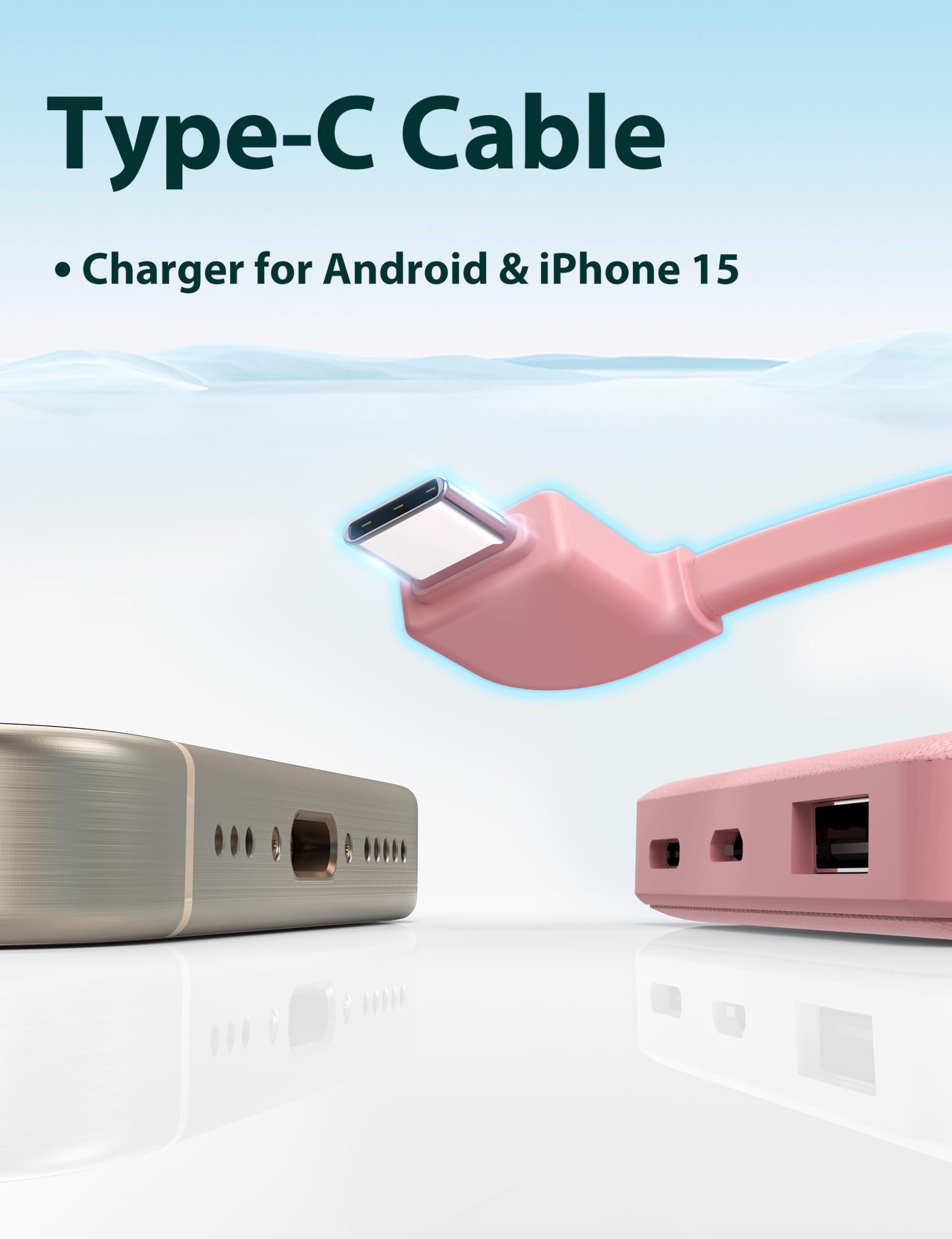 6000mah Ultra Slim Built in Cables Power Bank, Card Size Built in USB C Cords Battery Pack Portable Charger for Phones, 3 Output External Battery Pack Compatible with iPhone, Samsung, Google, Pink - Image 5