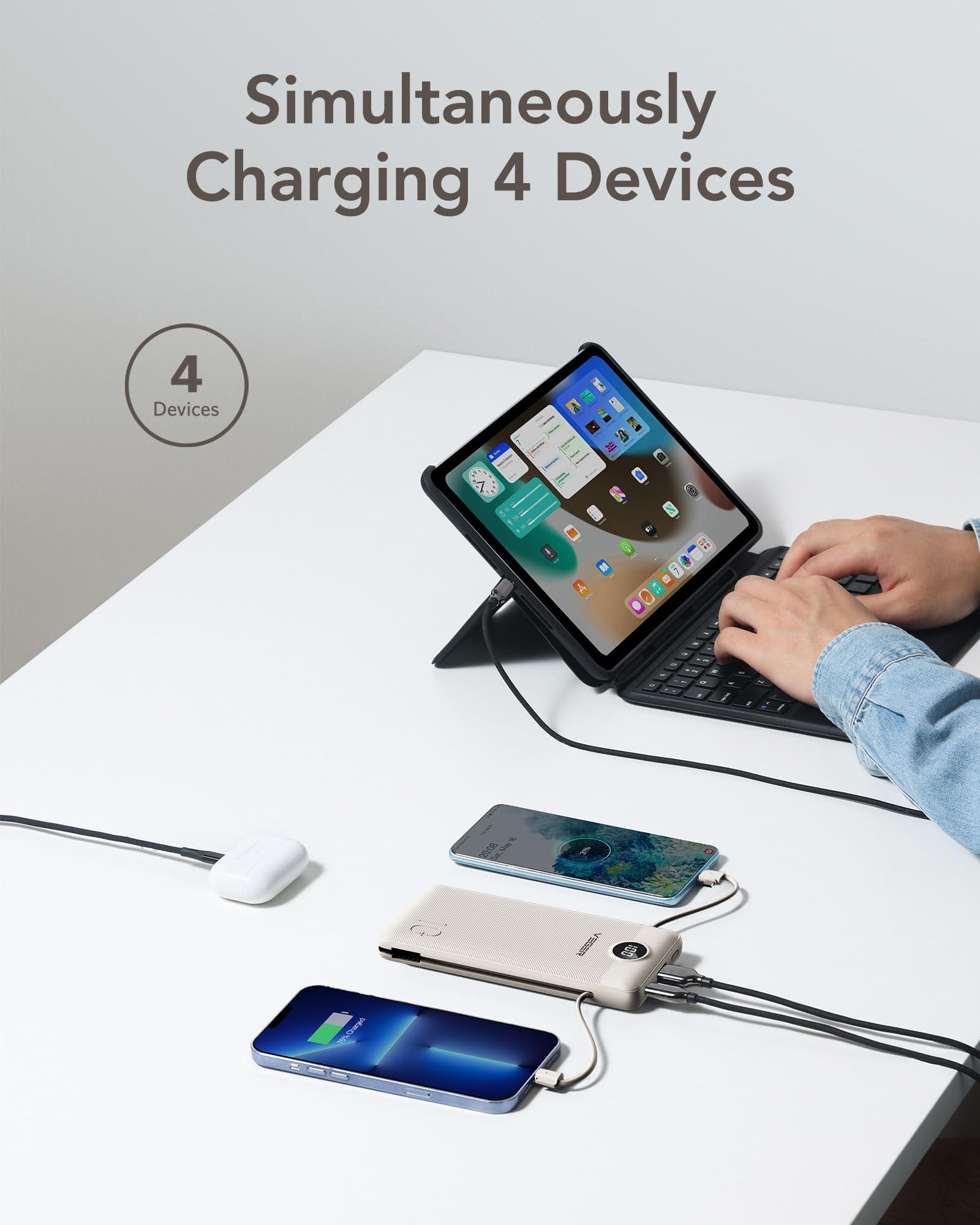 VEGER Portable Charger for iPhone with Built in Cables and Wall Plug, 10000mah Slim Fast Charging USB C Power Bank, Travel Essential Battery Pack Compatible with iPhone, iPad, Samsung etc(Coffee) - Image 4
