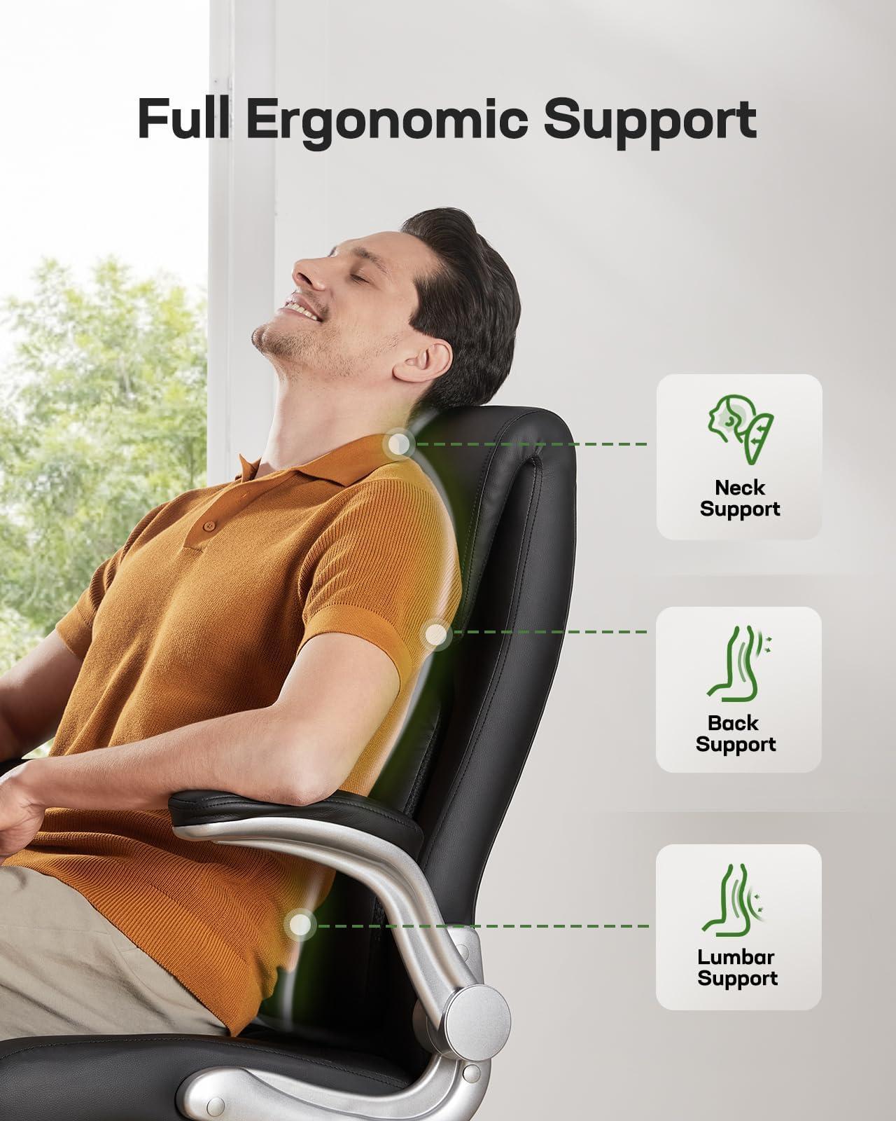 Marsail Ergonomic PU-Leather Office Chair: 5 Settings Lumbar Support, Executive Office Chair Height Adjustable with Padded Flip-up Arms, Executive Desk Chair for Working Study-Black - Image 6