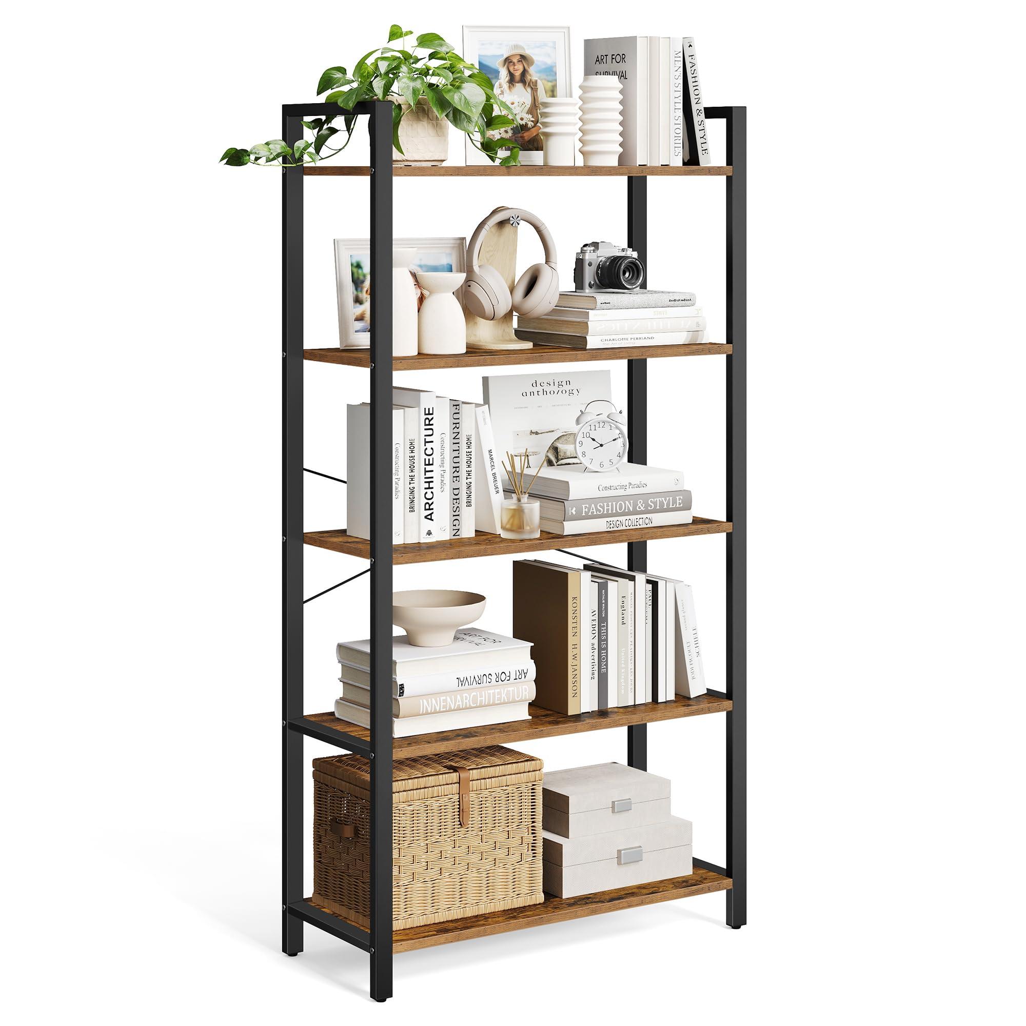 VASAGLE 5-Tier Bookshelf, Bookcase with Steel Frame, Book Shelf for Living Room, Home Office, Study, 11.8 x 31.5 x 60.2 Inches, Industrial Style, Rustic Brown and Ink Black ULLS081B01
