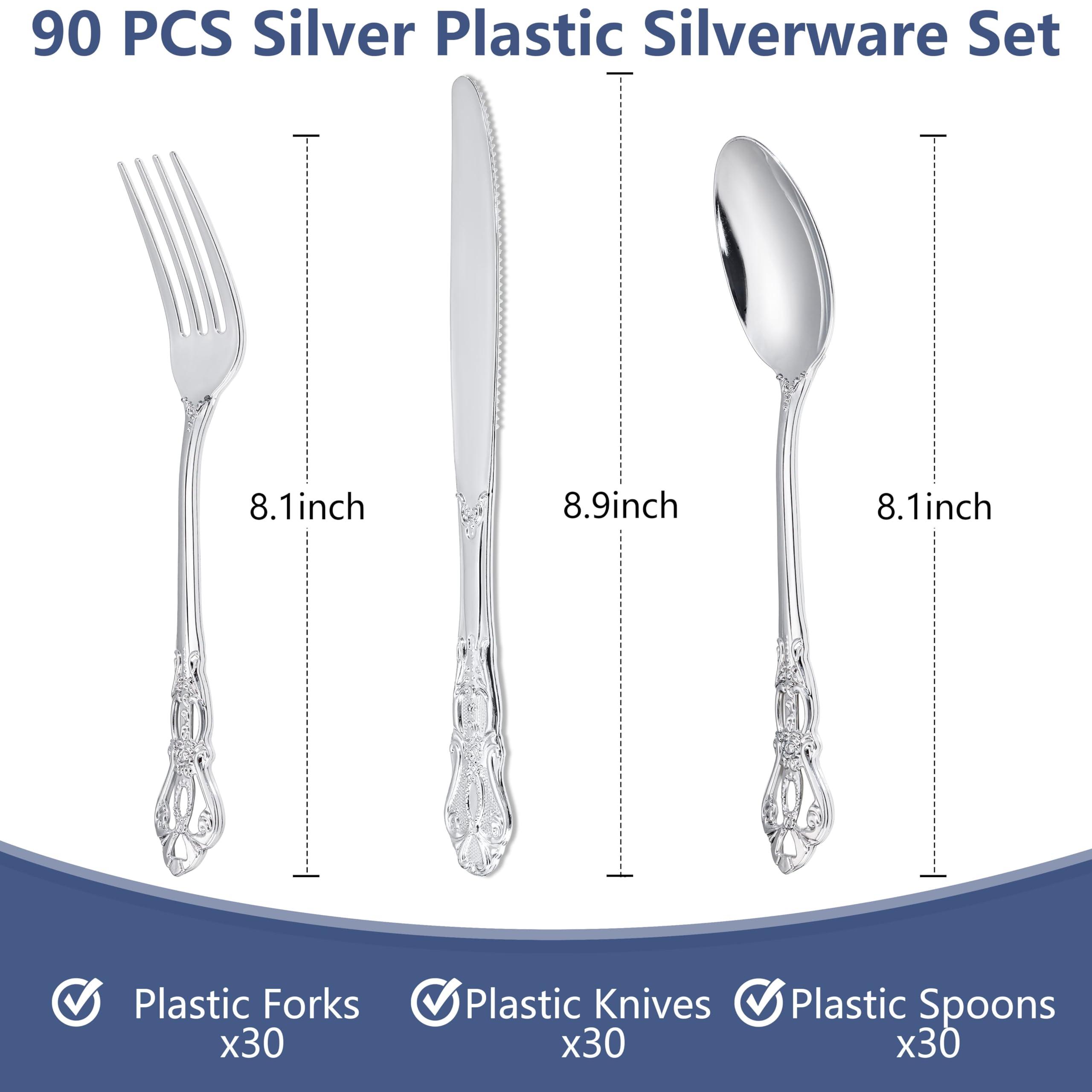 Joyido 90PCS Silver Plastic Silverware - Heavy Duty Silver Disposable Cutley - Fancy Plastic Utensils Flatware Include 30 Forks, 30 Spoons, 30 Knives for Catering, Parties, Dinners, Weddings - Image 3