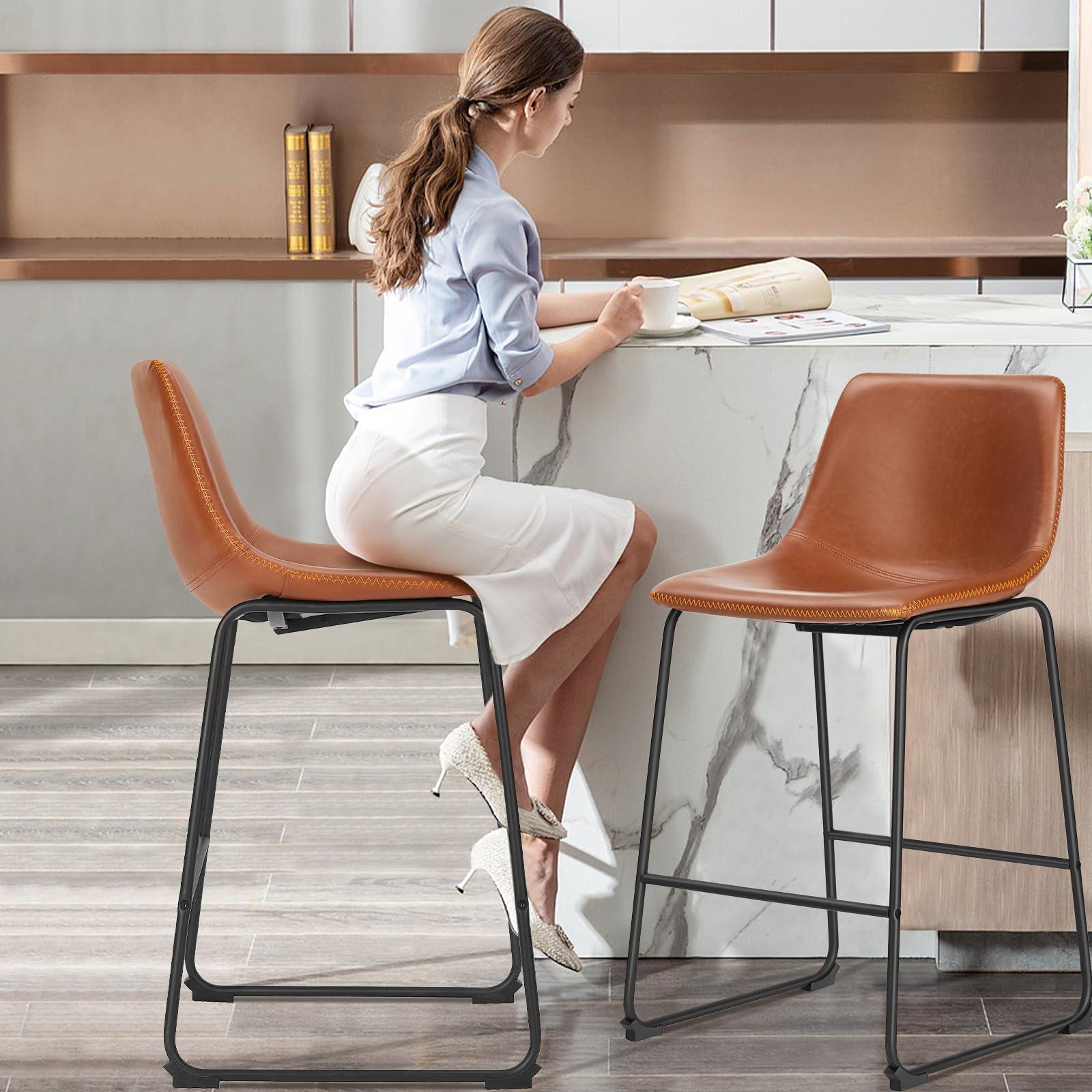 Sweetcrispy Counter Height Bar Stools Set of 2, 26 inch Leather Barstools Modern Bar Stools with Back, Counter Stool Armless Bar Chairs with Metal Legs, Footrest, Brown - Image 7