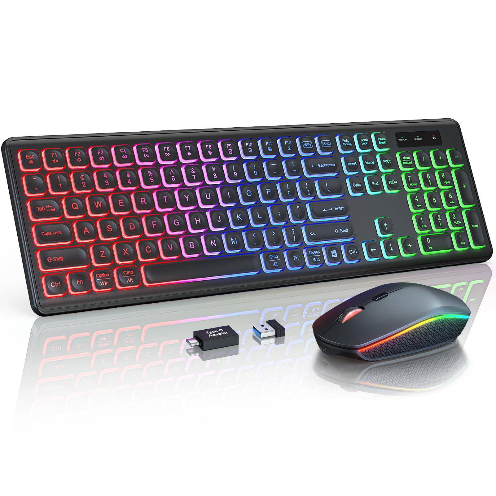 Wireless Keyboard and Mouse Combo - RGB Backlit, Rechargeable & Light Up Letters, Full-Size, Ergonomic Tilt Angle, Sleep Mode, 2.4GHz Quiet Keyboard Mouse for Mac, Windows, Laptop, PC - Image 1