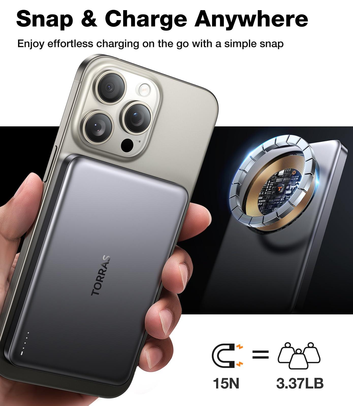 TORRAS MiniMag Power Bank,Ultra-Slim 10,000mAh Magnetic Wireless Portable Charger, 22.5W Fast Charging Battery Pack with USB-C Cable Designed for iPhone 16 Pro Max/16 Pro/16/15/14/13/12, Glacier Gray - Image 4