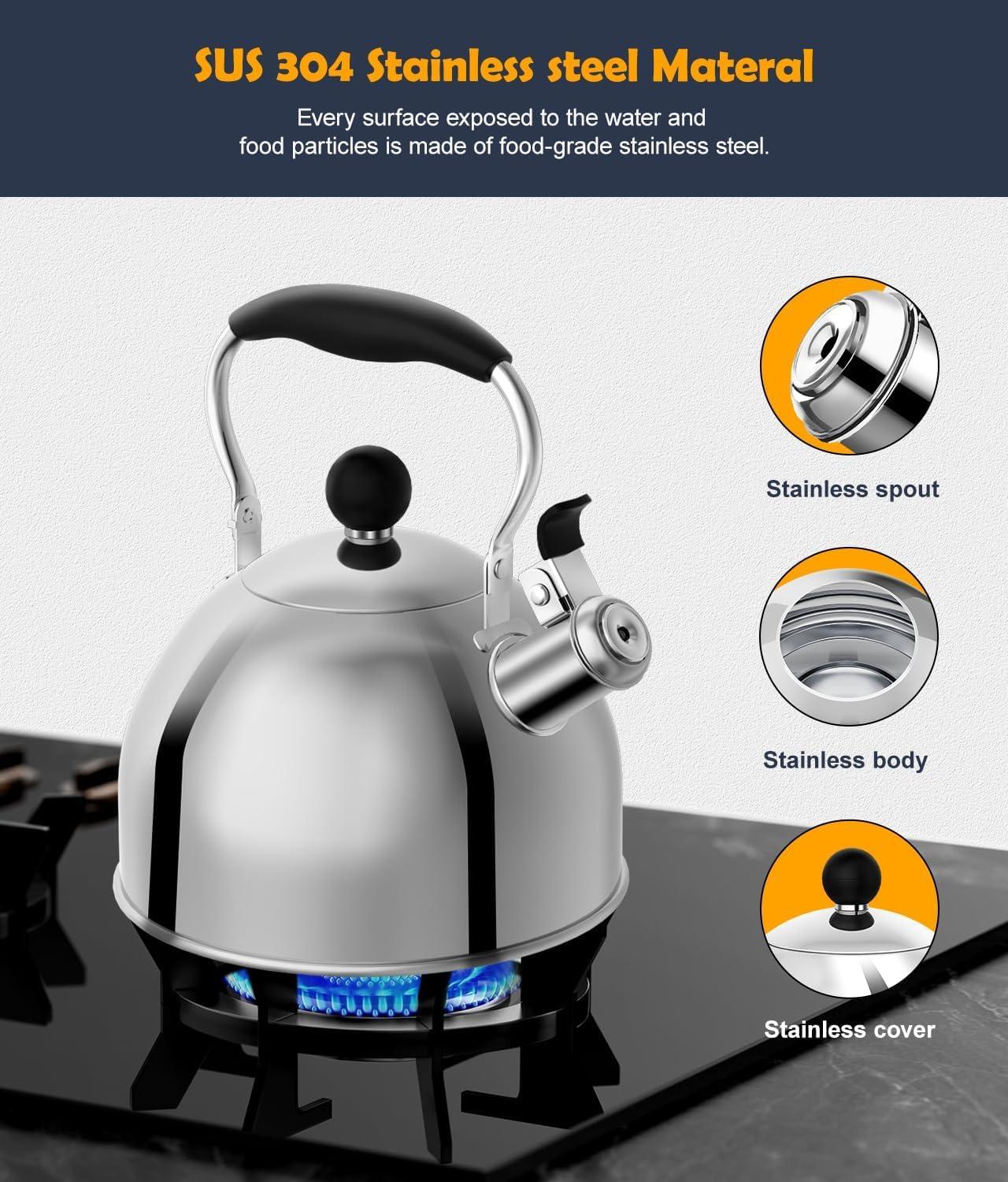 Tea Kettle, 2 Quart Stainless Steel Whistling Tea Kettle, Stovetop Whistling Teakettle Tea Pots for Stove Top with Ergonomic Folding Handle, Small Teapot, Water boiler for Tea, Coffee (Silver) - Image 3