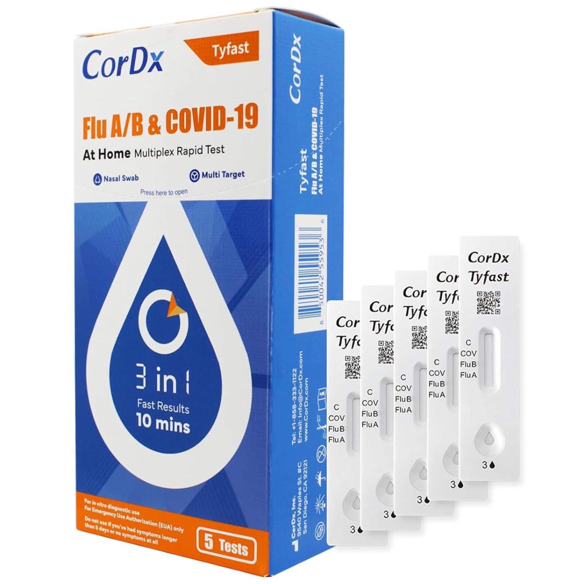 CorDx TyFast 10 Mins Flu A/B & Covid 19 Multiplex Rapid Test, Results in 10 Minutes—Precision Skip The 15 Wait, EUA Authorized, at Home 3 in 1 Combo Kit, 5 Tests, Use-Friendly & No Discomfort