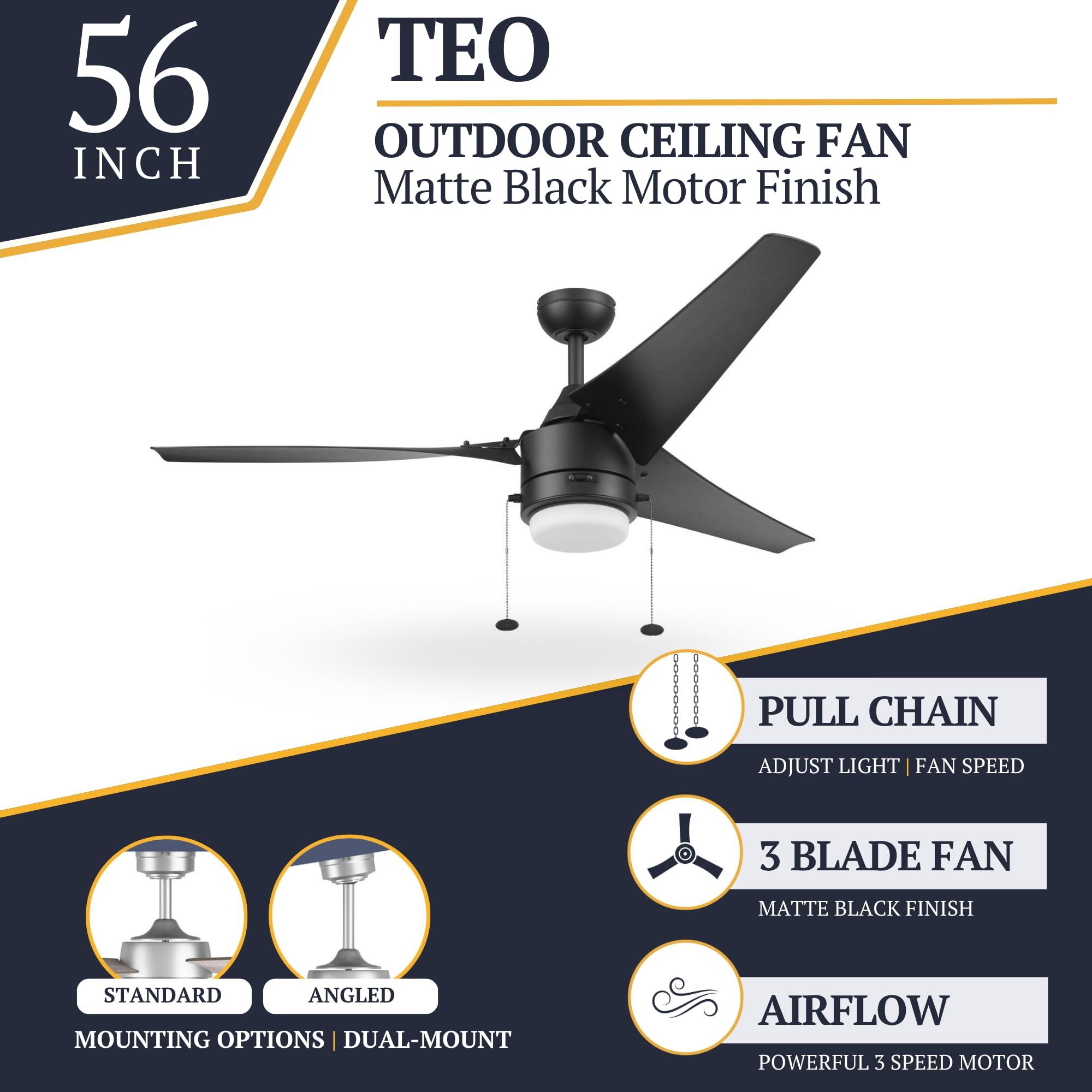 Prominence Home Teo, 56 Inch Contemporary Wet Rated Outdoor LED Ceiling Fan with Light, Pull Chain, Dual Mounting Options, 3 Weather Resistant Blades, Reversible Airflow - 51862-01 (Matte Black) - Image 4