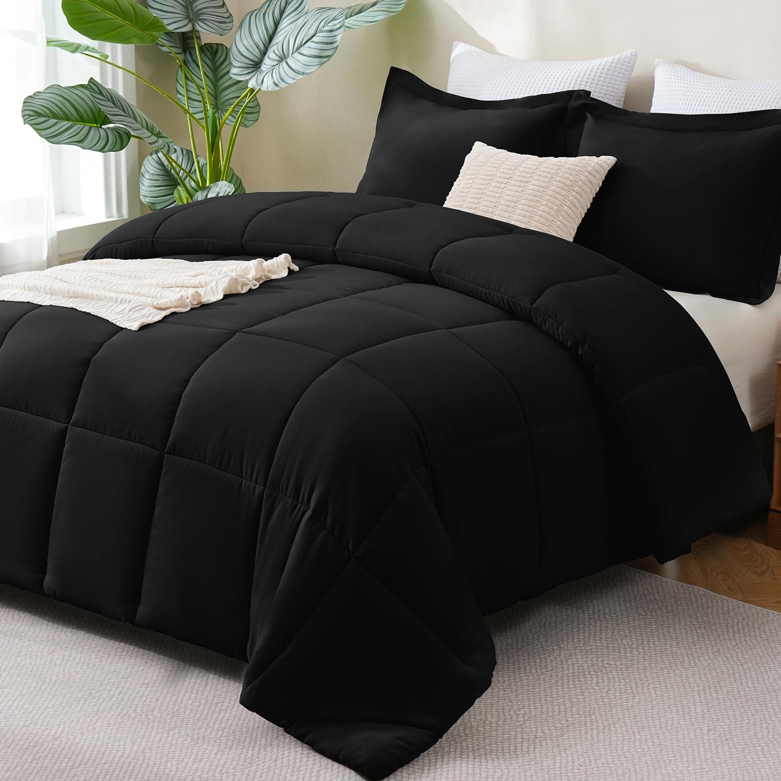 CozyLux Queen Comforter Set Black - 3 Pieces Box Stitched Comforters Queen Size, Soft Bed Set for All Seasons, Lightweight Bedding Sets with 1 Down Alternative Comforter and 2 Pillow Shams