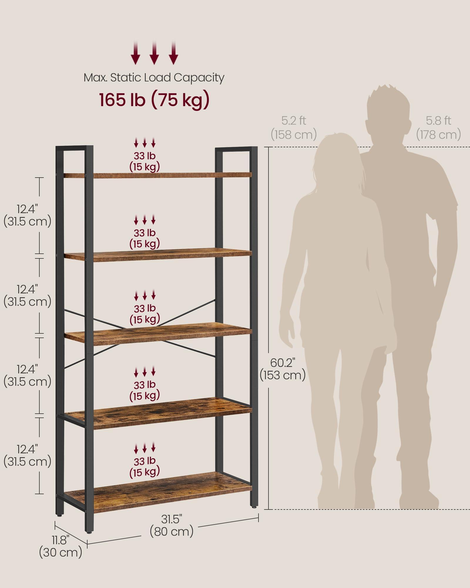 VASAGLE 5-Tier Bookshelf, Bookcase with Steel Frame, Book Shelf for Living Room, Home Office, Study, 11.8 x 31.5 x 60.2 Inches, Industrial Style, Rustic Brown and Ink Black ULLS081B01 - Image 3