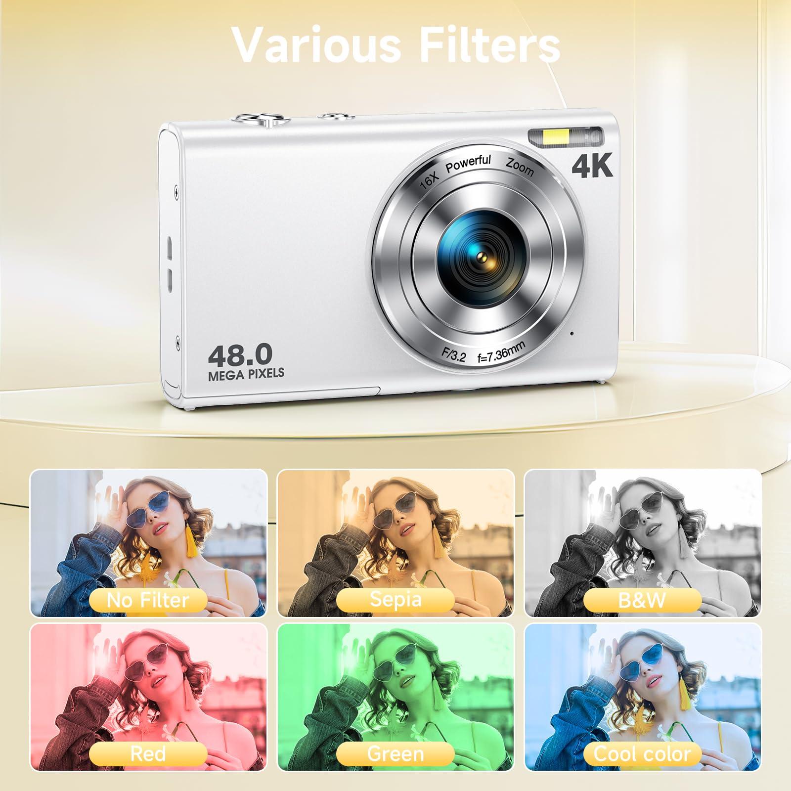 Digital Camera, Autofocus 48MP UHD 4K Vlogging Camera 16X Digital Zoom, Portable Compact Point and Shoot Digital Camera for Teens Adult Beginner with 32GB Card, 2 Batteries, Lanyard(White) - Image 8