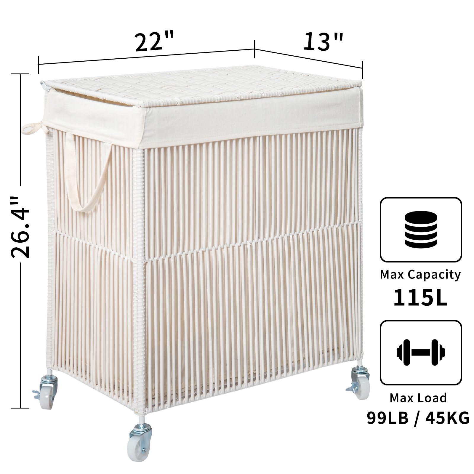 WOWLIVE Laundry Hamper with Wheels, Handwoven Rolling Laundry Basket with Lid, Clothes Hamper with Divided Removable Liner Bag, 115L Large Capacity Laundry Sorter Laundry Room Organization, White - Image 3