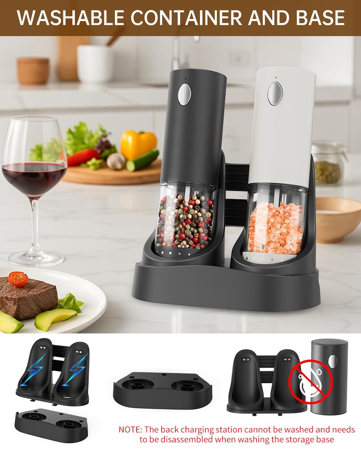 CIRCLE JOY Electric Salt and Pepper Grinder Set Automatic Salt and Pepper Grinder Set with Charging Base and White LED Light, Adjustable Coarseness, USB Rechargeable, Washable Container, White & Black - Image 8