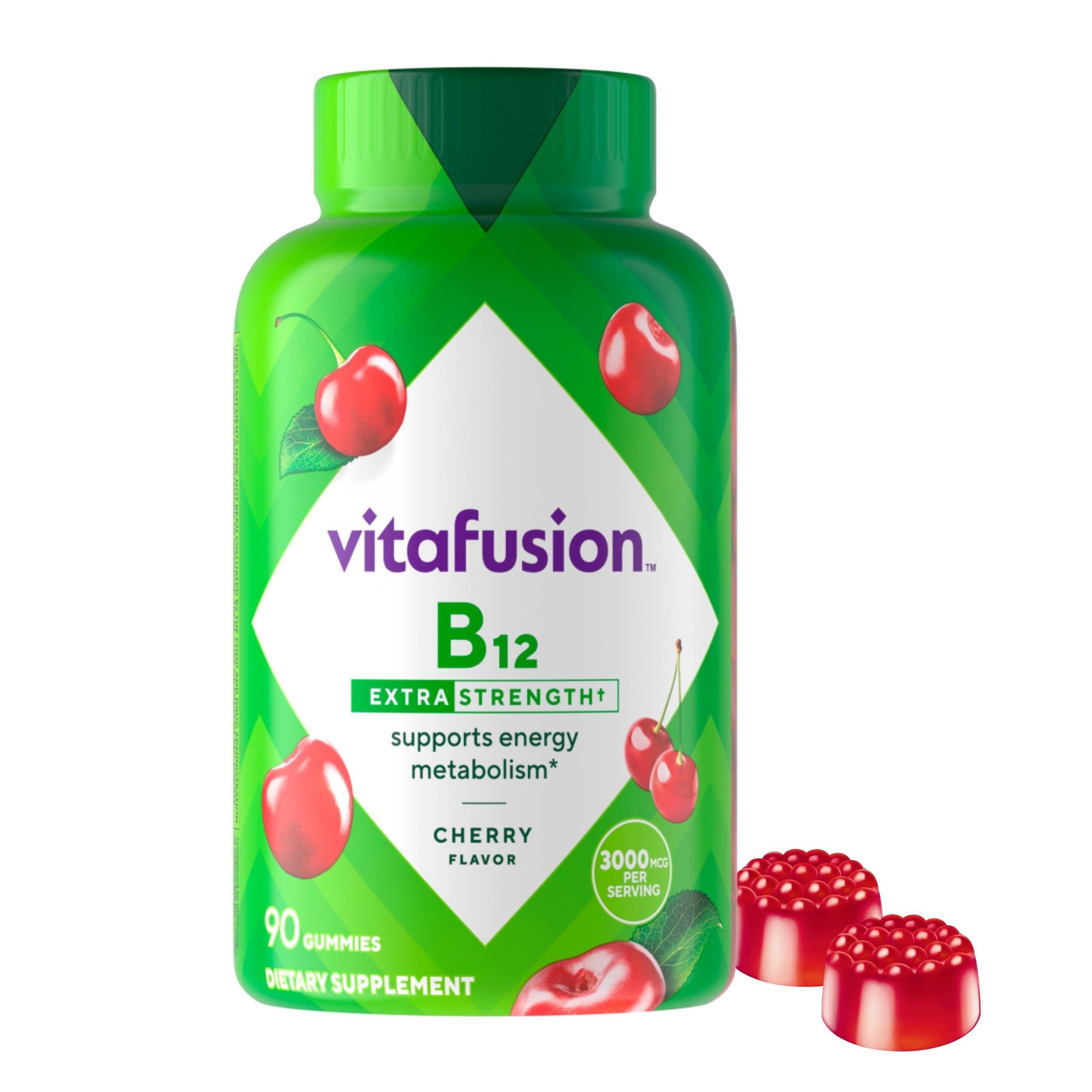 vitafusion Extra Strength Vitamin B12 Gummy Vitamins for Energy Metabolism Support and Nervous System Health Support, Cherry Flavored, America’s Number 1 Gummy Vitamin Brand, 45 Day Supply, 90 Count