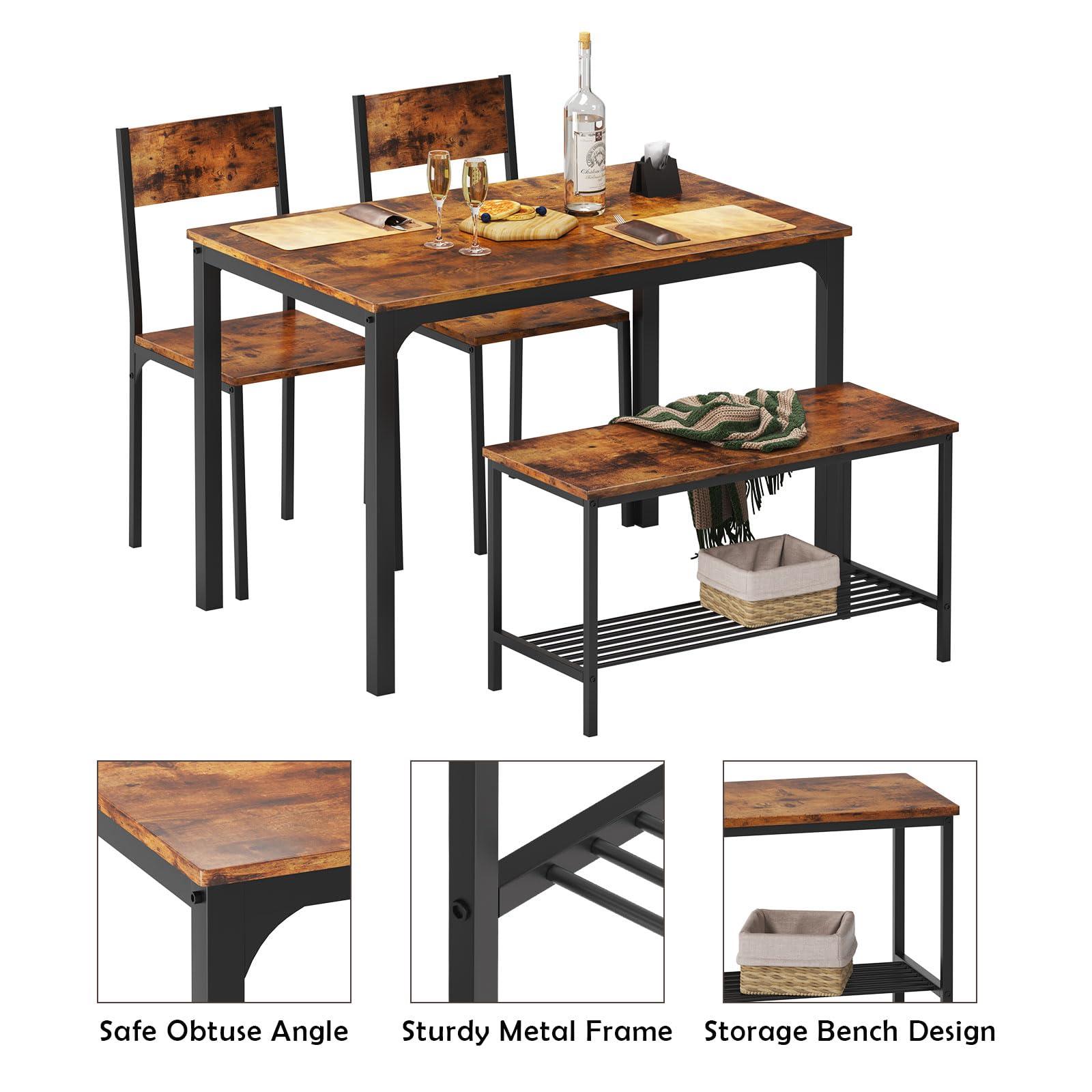 soges 4 Person Dining Table Set, 43.3inch Kitchen Table Set for 4, Dining Room 2 Chairs with Backrest, 2-Person Bench with Storage Rack, Vintage Brown - Image 4