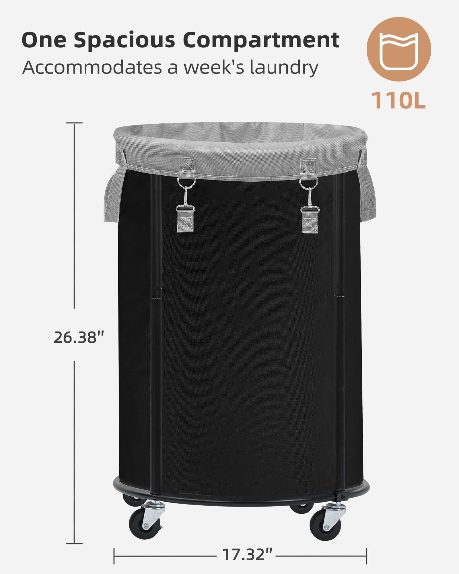 STORAGE MANIAC Rolling Laundry Hamper with Wheels 110L Laundry Basket, Round Laundry Cart with Metal Frame and Removable Bag, Clothes Hamper for Bedroom, Bathroom, Dorm Room, Laundry Room, Black - Image 3