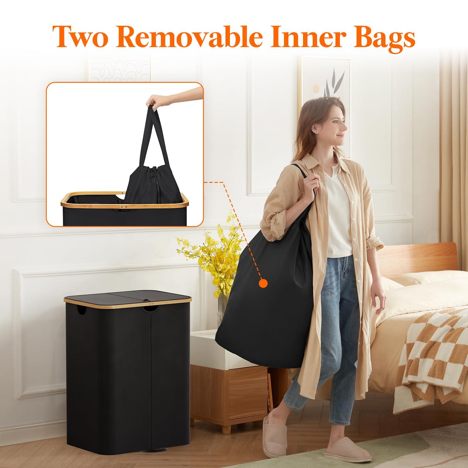 Lifewit 150L Double Laundry Hamper with Lid, Large Dual Laundry Basket Removable Bags, 2 Sections Aesthetic Clothes Hampers for Laundry with Bamboo Handles for Bedroom Bathroom Dorm, Black - Image 4