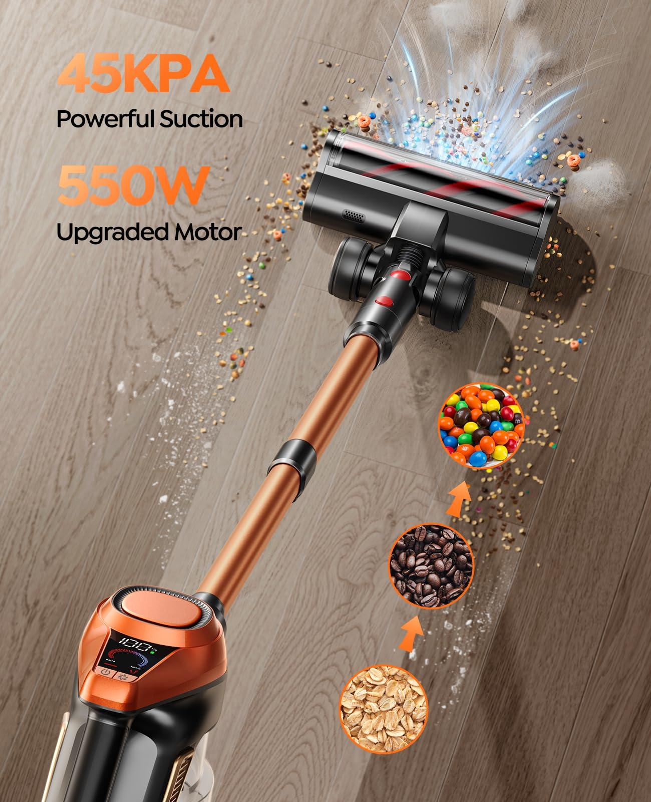 Fieety Cordless Vacuum Cleaner, 550W/45Kpa Vacuum Cleaners for Home with LED Screen, Max 60 Mins Runtime, Noise Reduction Tech, Anti-Tangle Stick Vacuum for Pet Hair Carpet and Hardfloor - Image 3