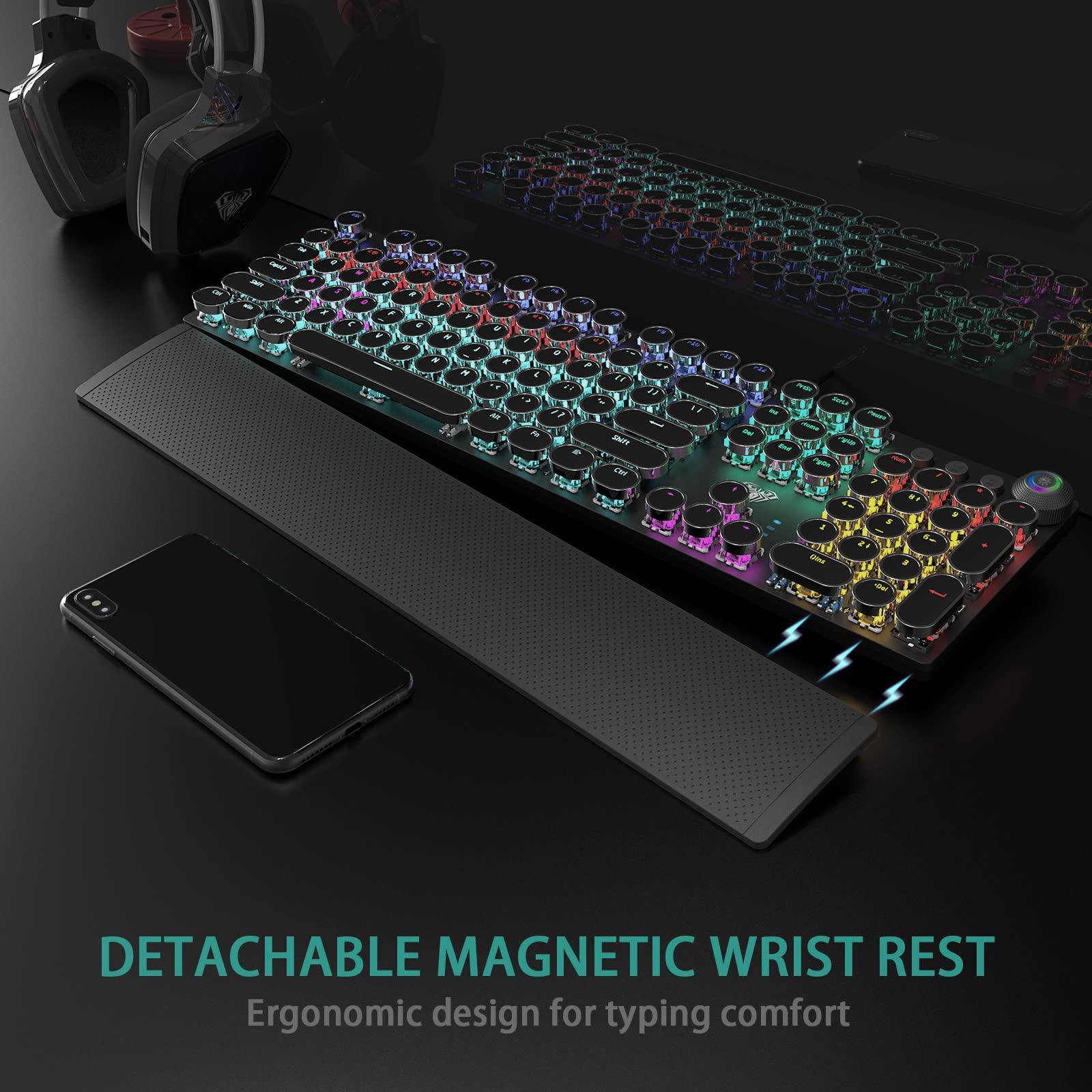 AULA F2088 Typewriter Style Mechanical Gaming Keyboard Blue Switches,Rainbow LED Backlit,Removable Wrist Rest,Media Control Knob,Retro Punk Round Keycaps,USB Wired Computer Keyboard - Image 4